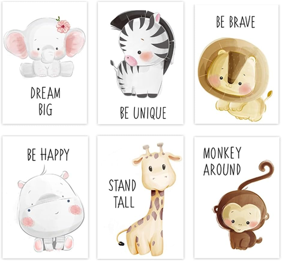 6 Pack Animal Painting,Nursery Wall Decor,Wall Hanging Painting,Unframed Cartoon Wall Murals,Art Print Wall Decoration,For Kids Living Room,Bedro image number 3