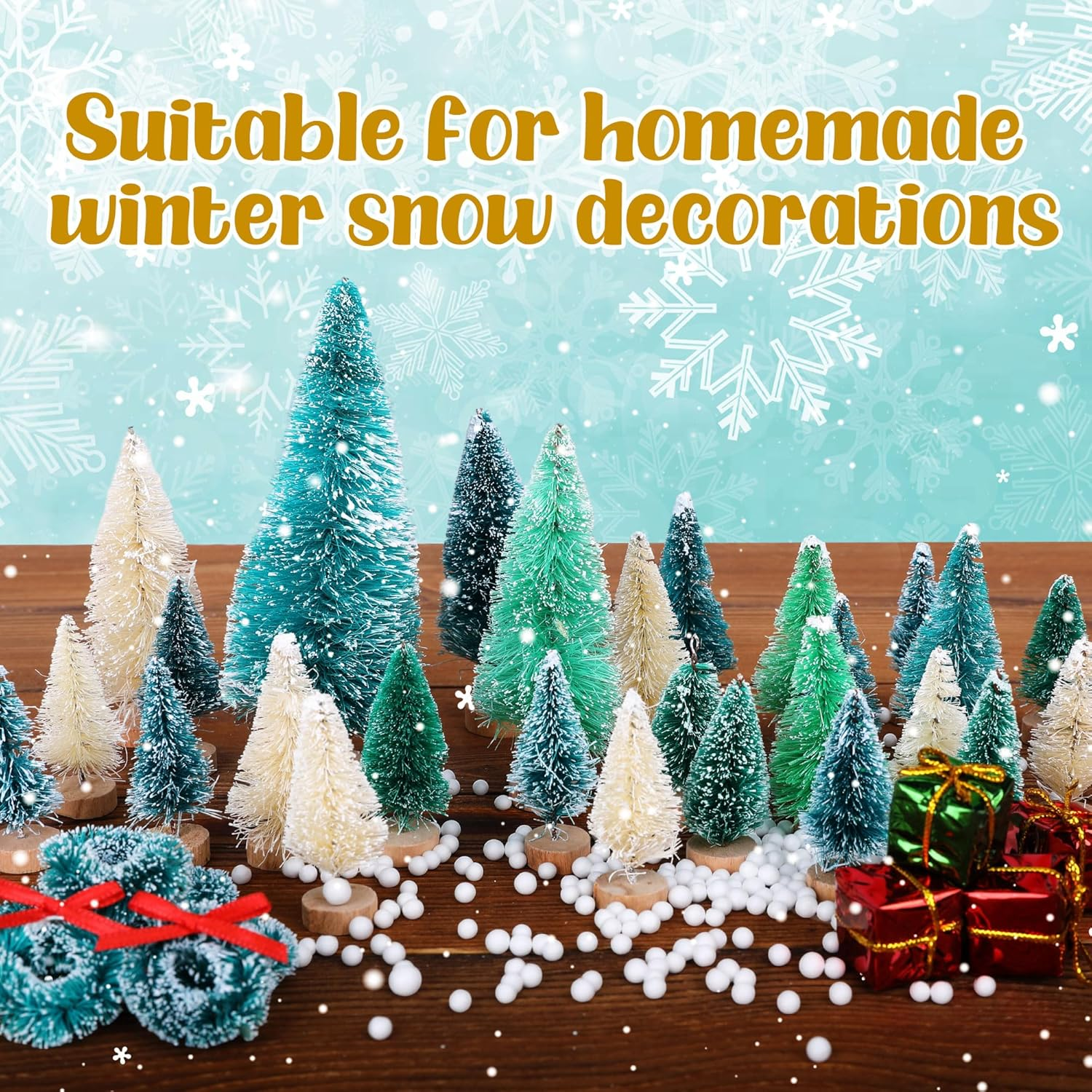 Iceyyyy 56 Pcs Artificial Mini Christmas Trees Set - Miniature Sisal Frosted Christmas Trees Bottle Brush Trees for DIY Crafts Home Table Top Decor - Green,Red,White image number 2