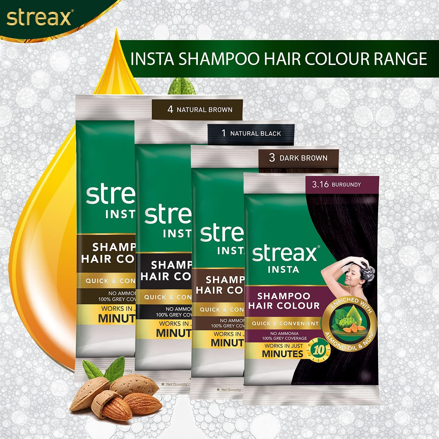 Streax Insta Shampoo Hair Colour for Men & Women | Enriched with Almond Oil & Noni Extracts | Long-Lasting Instant Colour | Burgundy, 15 Ml (Pack of 16)