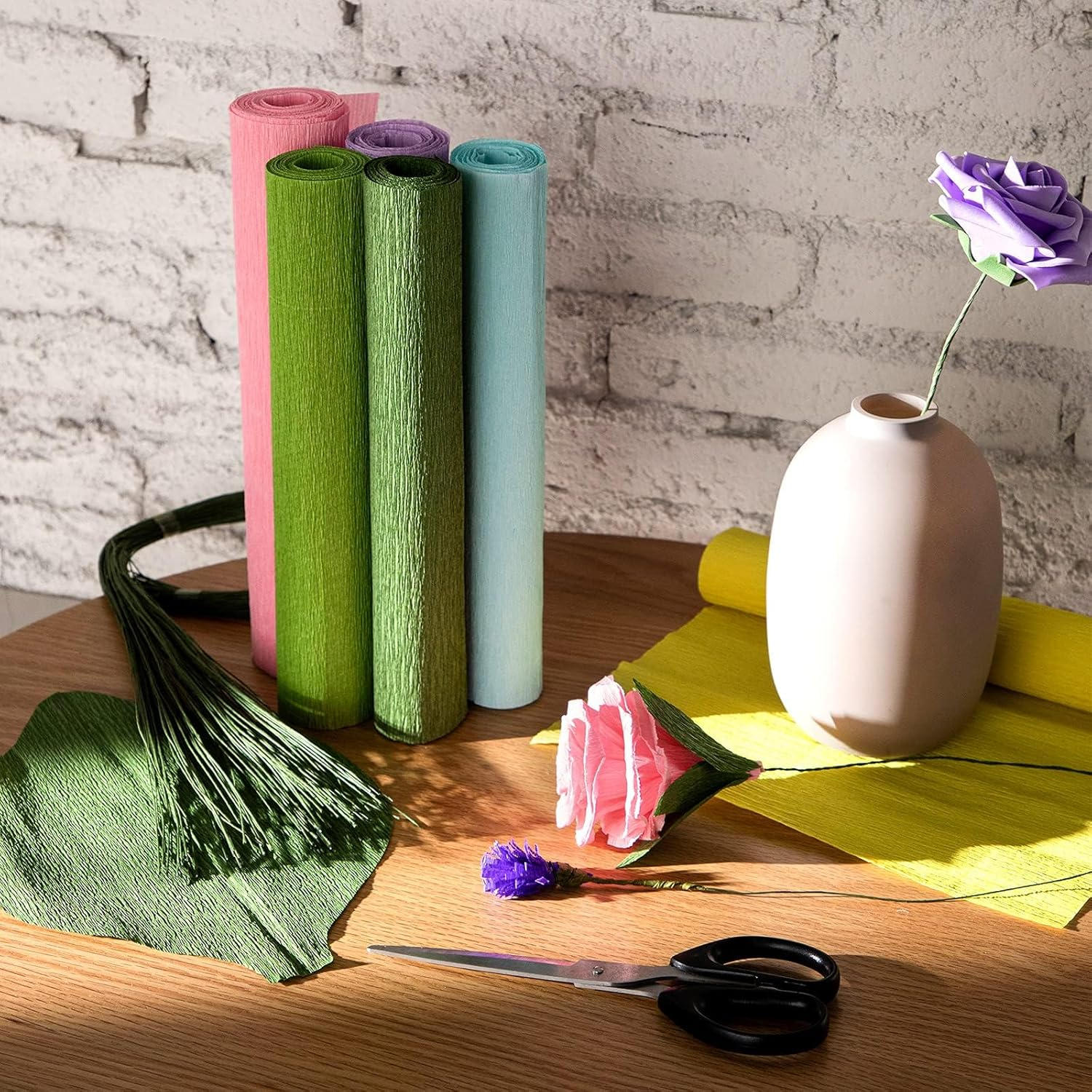 12 Rolls Crepe Paper Rolls 12 Colors Wide Crepe Paper Streamer Assorted Streamers with Floral Stem Wire and Green Floral Tapes for Birthday Party Ornament(Mixed Colors,8 Feet X 10 Inch) image number 2