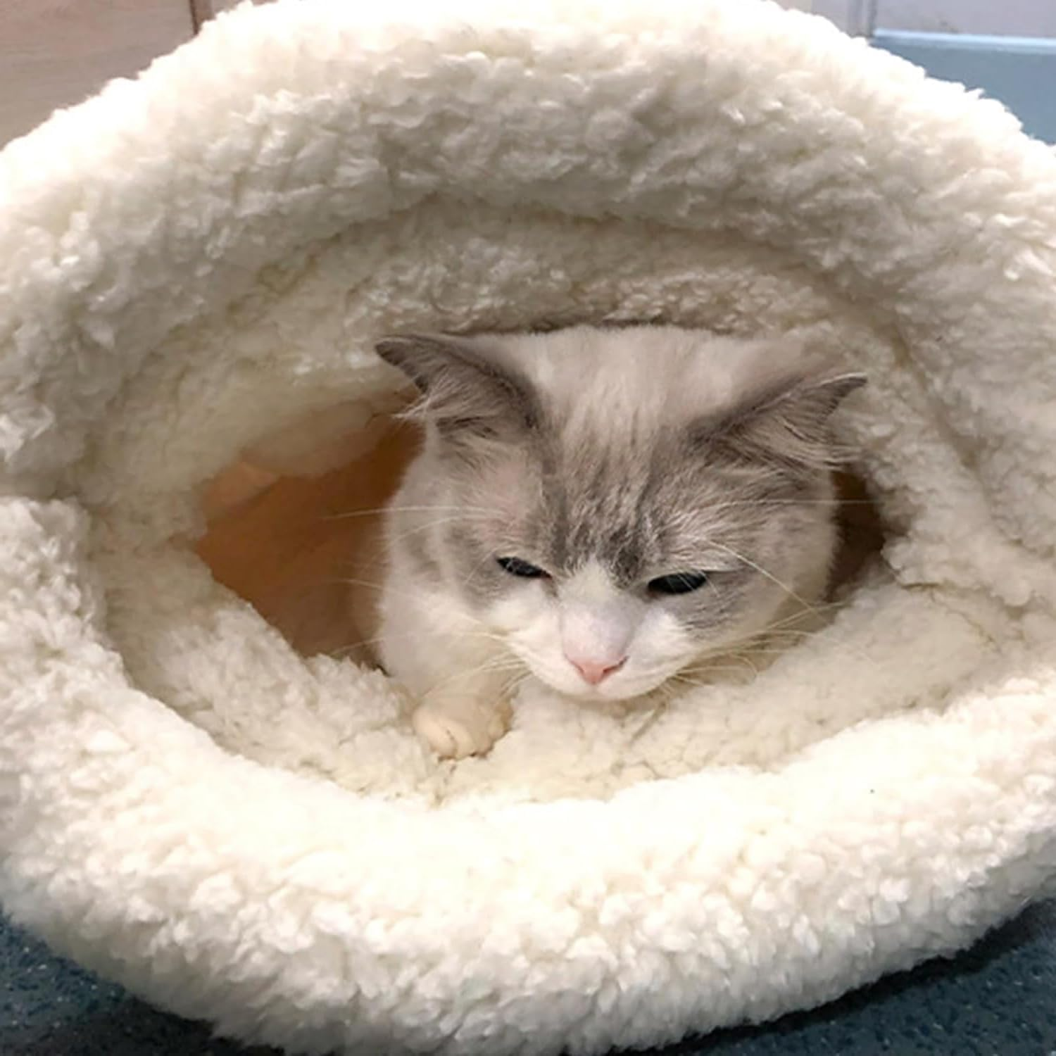 Soft Pet Cozy Warm Sleeping Bag for Cats, Cozy Cat Winter Sleeping Bag, 360-Degree Wrap Self-Warming Plush Puppy Sleeping Nest, Fluffy Tunnel, Pet Calming,Soft Plush Large Sac (Blue)