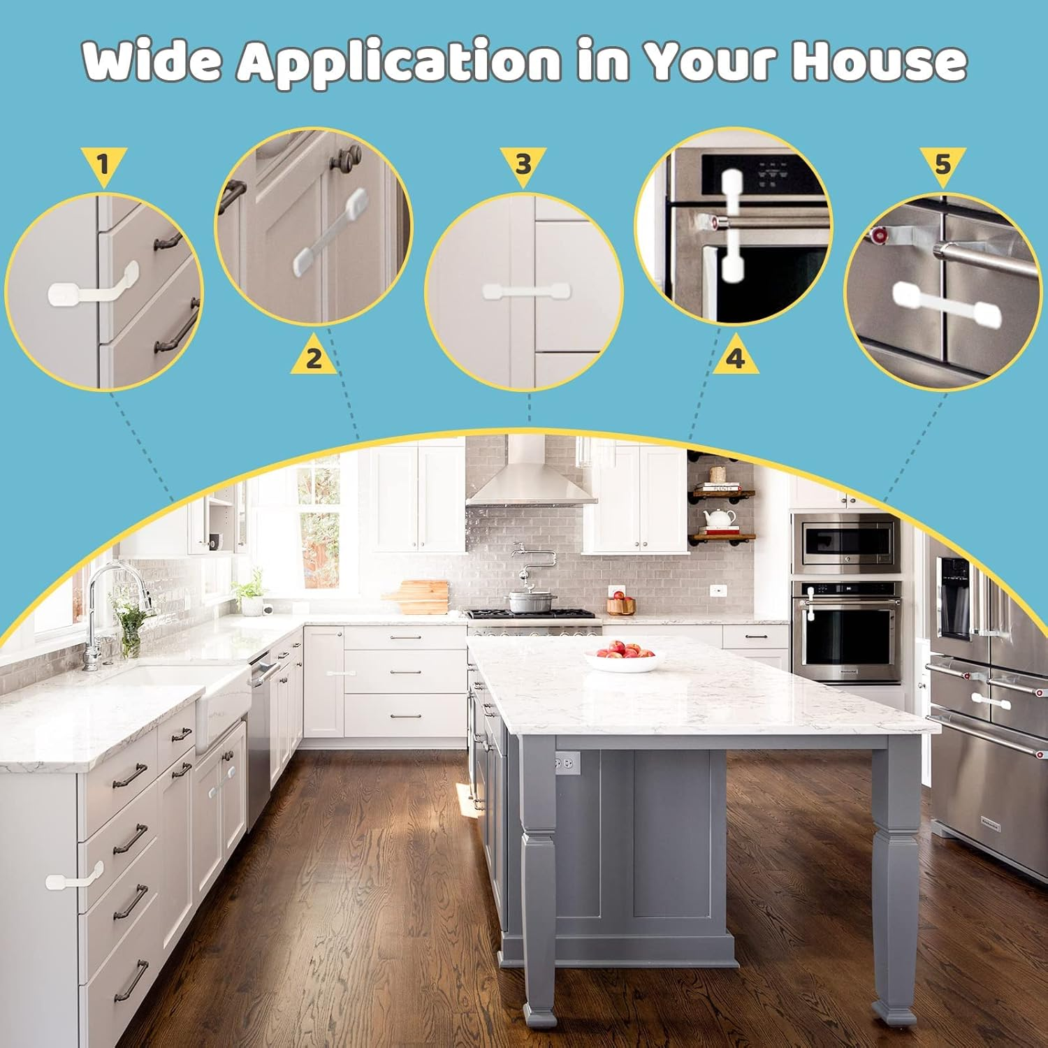 Child Safety Locks -Value Pack (20 Straps),Child Proof Cabinet Locks, No Tools or Drilling -Adjustable Size/Flexible -Adhesive Furniture Latches for Cabinets, Drawers image number 3