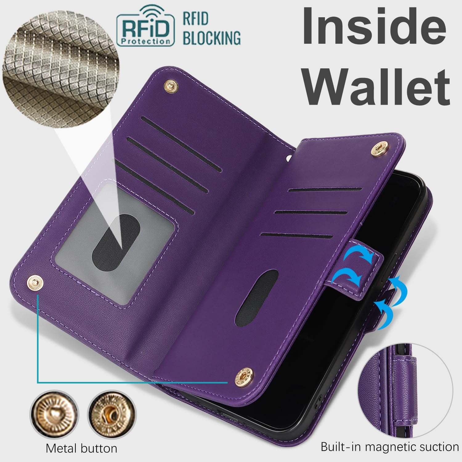 Sunyoo for Iphone 15 Case Leather Wallet with Card Holders Money Slots Wrist Strap for Women Men RFID Blocking Purse for Iphone15 Zipper Coin Pocket Cover Kickstand Folio Flip Case Purple image number 4