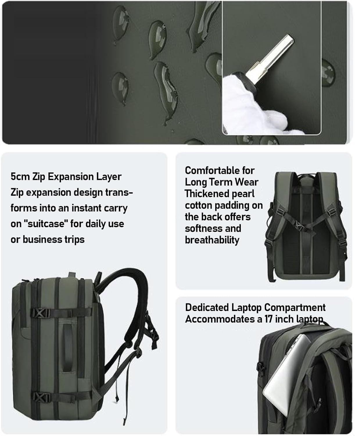 Focket Vacuum Backpack, Large Capacity Expandable Water Proof Laptop Backpack with Adjustable Chest Strap and Reinforced Handles, for Travel Business Trip Daily Use (Green) - Black image number 4