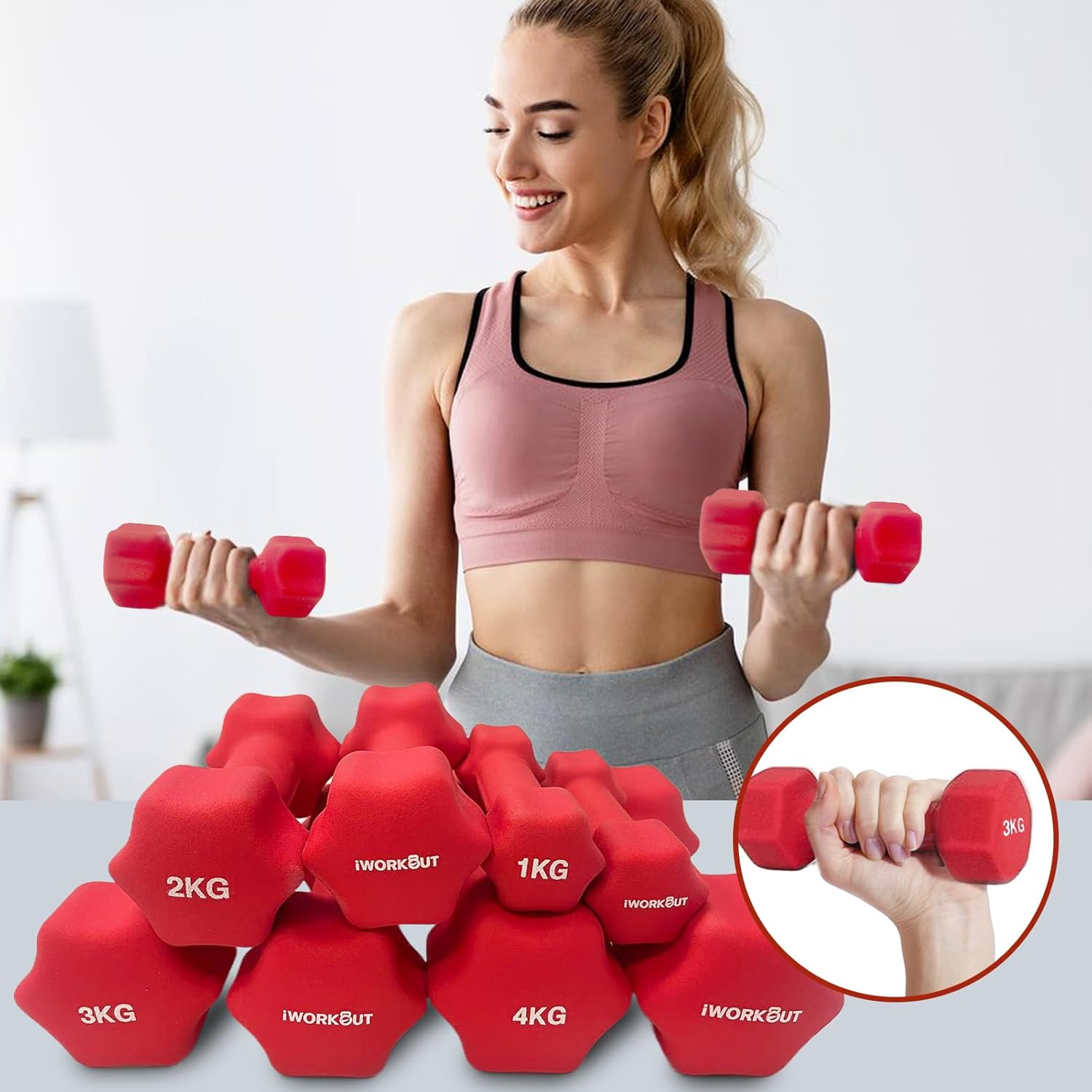 Hexagon Anti-Slip Neoprene Dumbbell Set (1KG-4KG) - Pair of Hand Weights for Men & Women,Perfect for Home Gym Strength Training, Exercise & Fitness Workouts