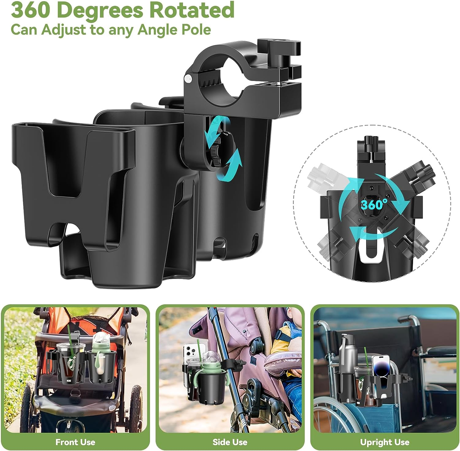 KDD Stroller Cup Holder with Phone Holder, 3-In-1 Removable Bottle Holder, 360 Degrees Rotation Drink Holder for Wheelchair, Stroller, Bike, Walker, Scooter, Bicycle, Uppababy, Nuna, Bugaboo, Doona image number 4
