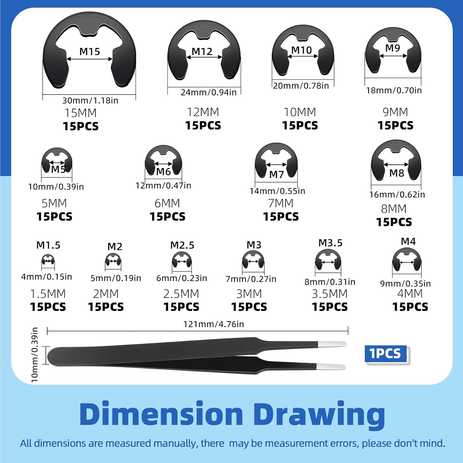 Glarks 211Pcs 65Mn-Steel E-Clips Retaining Rings Assortment Set 14 Sizes E-Ring Circlip Rings Heat Treated External Retaining Clips E-Clips Retainer Circlip Rings with Tweezers for Gears image number 6
