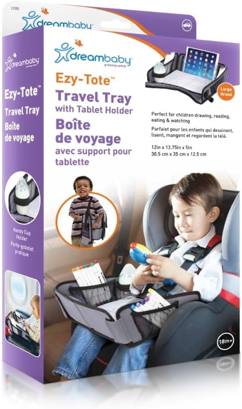 Dreambaby Ezy-Tote Activity Travel Tray for Kids Car Seat - Tablet Holder, Activity and Snack Organizer, Cup Holder and 6 Storage Pockets, Portable Lap Tray for Toddlers and Big Kids, Car Accessories