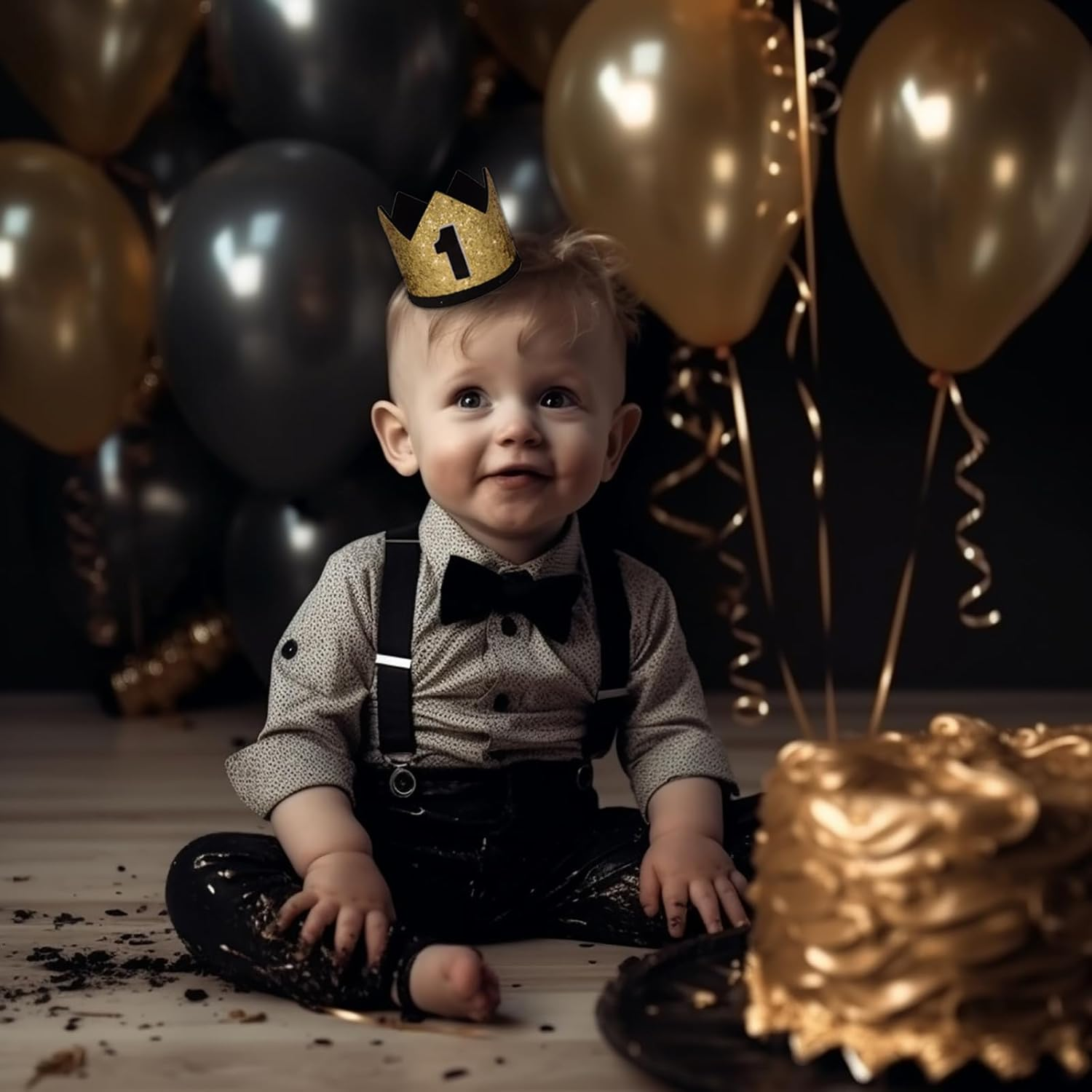 Maticr Glitter Baby Boy First Birthday Crown Number 1 Headband Little Prince Princess Cake Smash Photo Prop - Large Gold  Black 1 image number 2