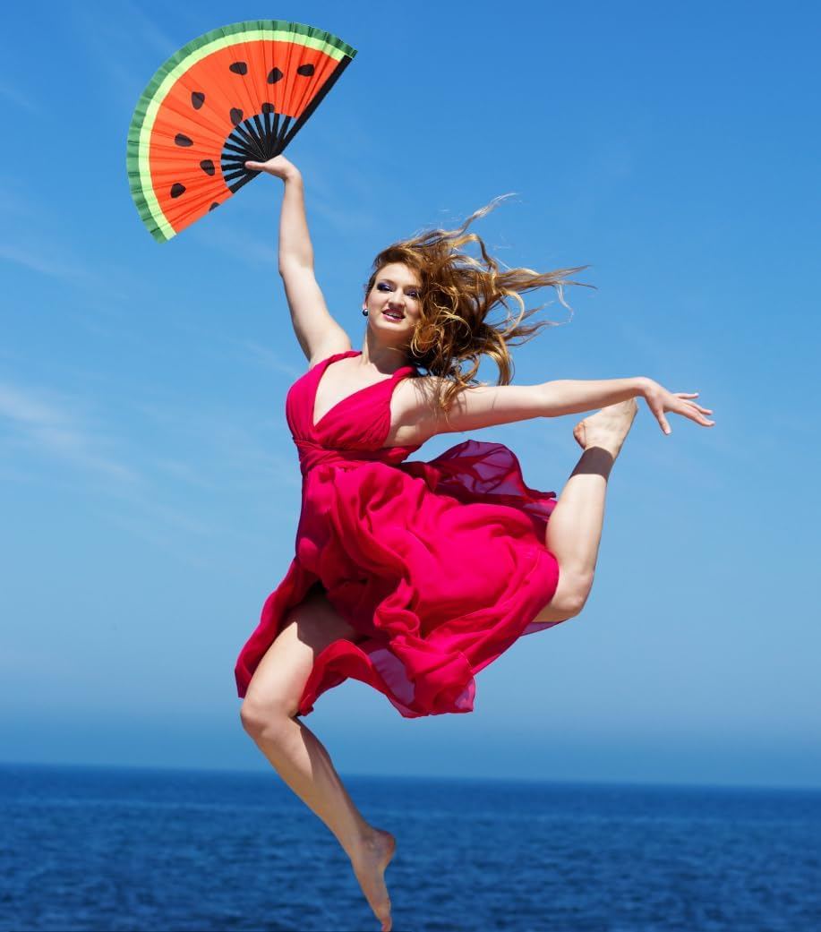 Plzoslly 2 PCS Large Folding Fan Bamboo Folding Hand Fan, Rave Fan Clack Folding Hand Fan Chinese/Japanese Nylon-Cloth Folding Fan for Festival, Dance, Performance, Party, Gift, Decoration(Watermelon)