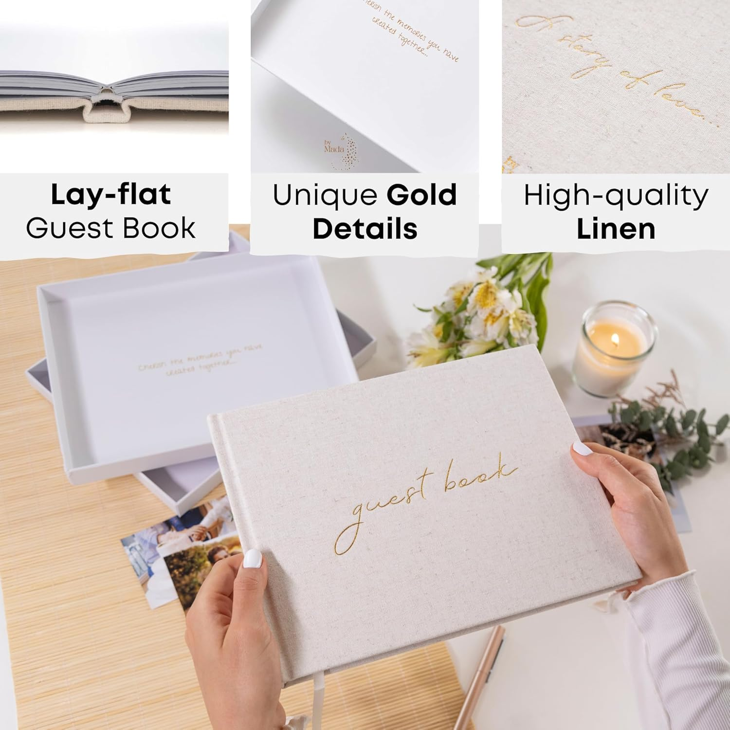 Premium Baby Shower Guest Book - Linen Cover Wedding Guest Book - Includes Baby Book Keepsake Box W/ 100 Pages for Signatures & Photos - Ideal for Polaroid Baby Photo Book, Graduation & Special Events
