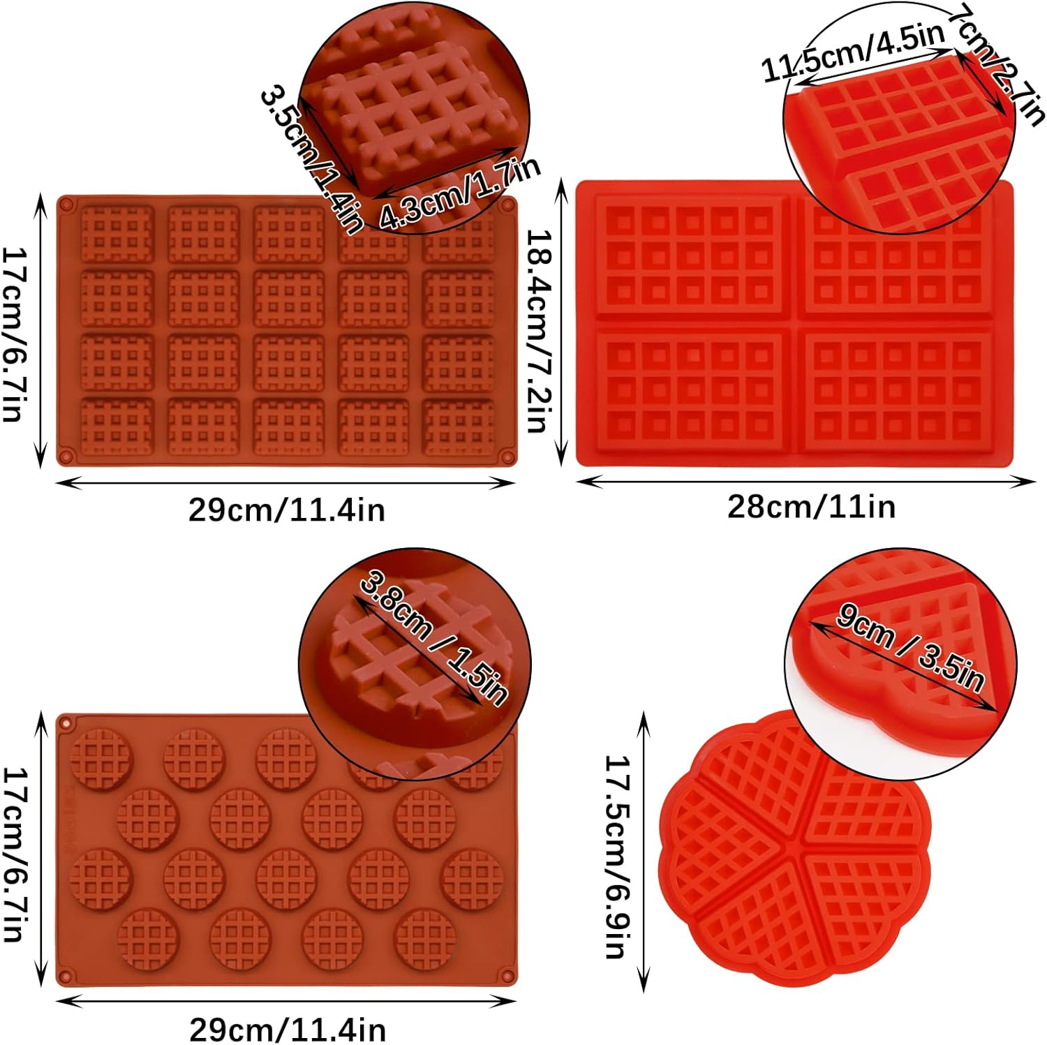 4PCS Silicone Waffle Moulds Rectangle round Heart, Mini Waffle Baking Mold Maker Nonstick, LIOUCBD Cake Chocolate Cookie Candy Gummy Muffin Pans Bakeware DIY Silicone Mould image number 5