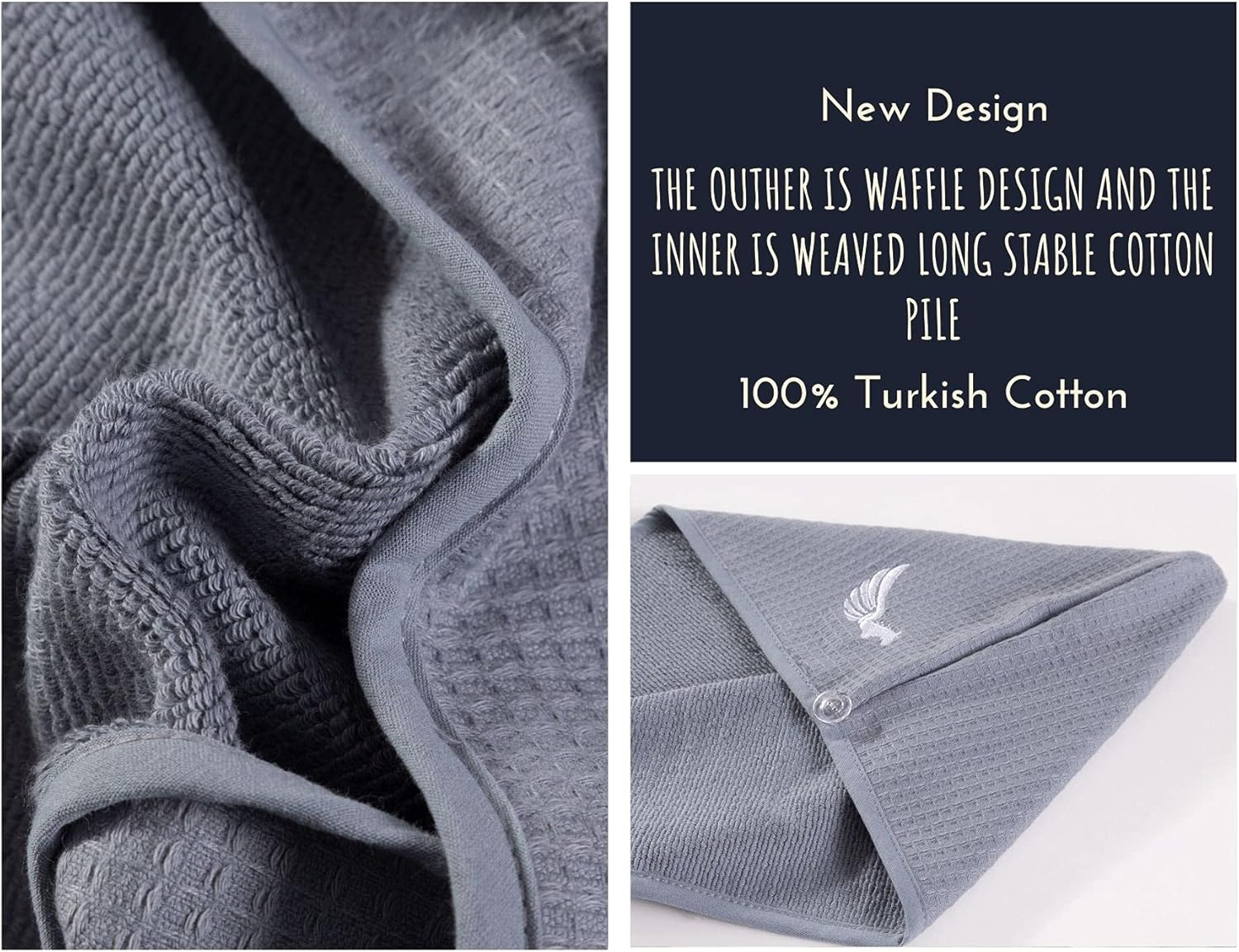 SELARUS 100% Turkish Cotton Hair Towel Wrap for Women,Non Microfiber,Super Absorbent,Antifrizz,Plopping Hair Drying Waffle Bath Towels for Curly,Long&Thick Hairs,Head Wrap,2 Pack10X26Inc (Grey+Grey) - Grey image number 5