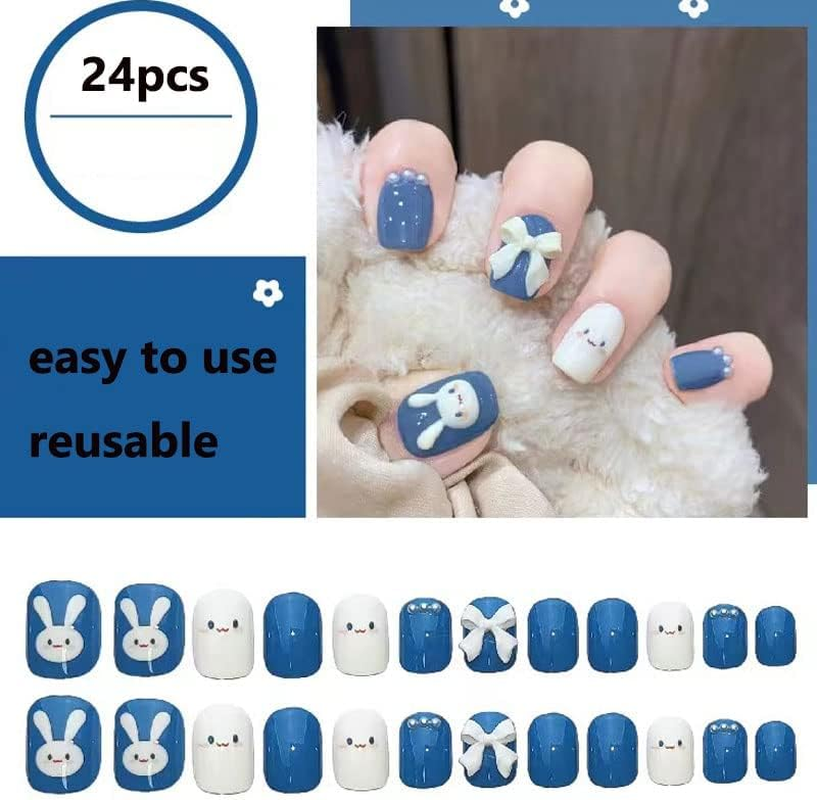 AIDVPOD Cute Fake Press on Nails for Women Kid Cute Rabbit Fake Nails Pre-Glue Short Full Cover False Nail Tips Stick on Nails Lovely Gift Girls Nail Art Decoration -Blue, 29 Piece Set - Blue image number 2