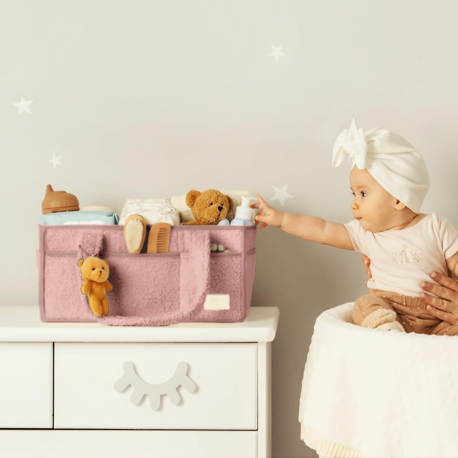 Baby Diaper Caddy Organizer Nappy Caddy Bag Portable Felt Nursery Essential Storage Basket for Baby Essentials, Spacious Car Travel Organizer with Multi Pockets Changing Table Organizer (Powder Pink) image number 3