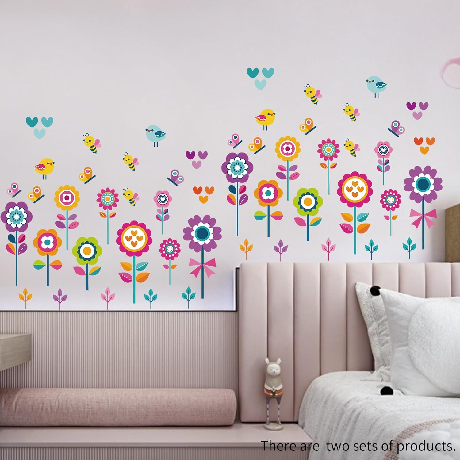 Flowers Wall Stickers for Kids Bedroom -Butterfly Bee Floral Wall Decals for Girls Room,Classroom,Nursery, Playroom- Removable DIY Peel and Stick Wall Art Decor