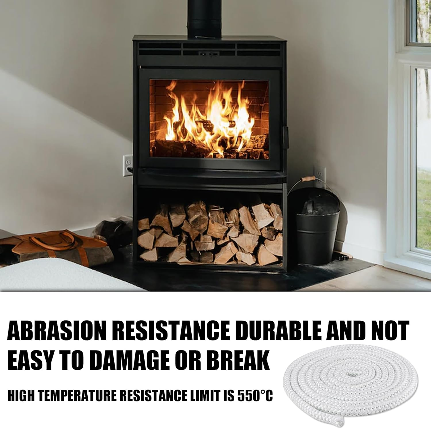 Fireplace Seal Rope, 0.39Inx9.84Ft Graphite Impregnated Fiberglass Rope Seal Gasket Replacement Wood Stove Door Gasket for Fireplaces Stoves Wood Burning (White) image number 3