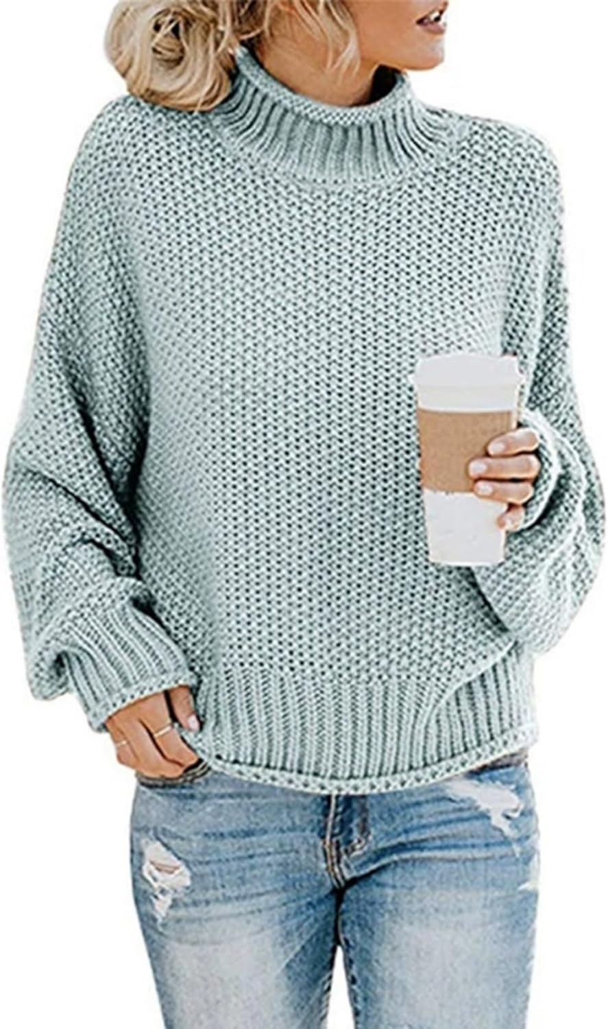 Womens Chunky Knit Slouchy Turtleneck Pullover Batwing Long Sleeve Pullover Loose Solid Casual Pullover Fall Tops Jumper