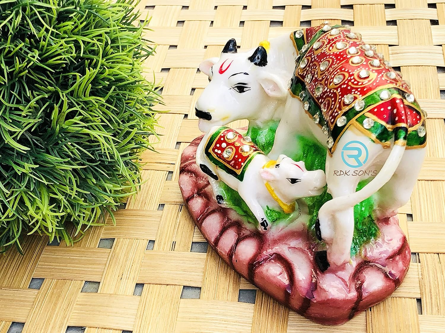 RDK SON'S&reg; Kamdhenu Cow and Calf Idol | Designer Stone Studded Marble Dust Gau MATA Statue | Spiritual Vastu Nandi Pooja Polyresin Figurine Sculpture for Home and Temple (Multicolor)