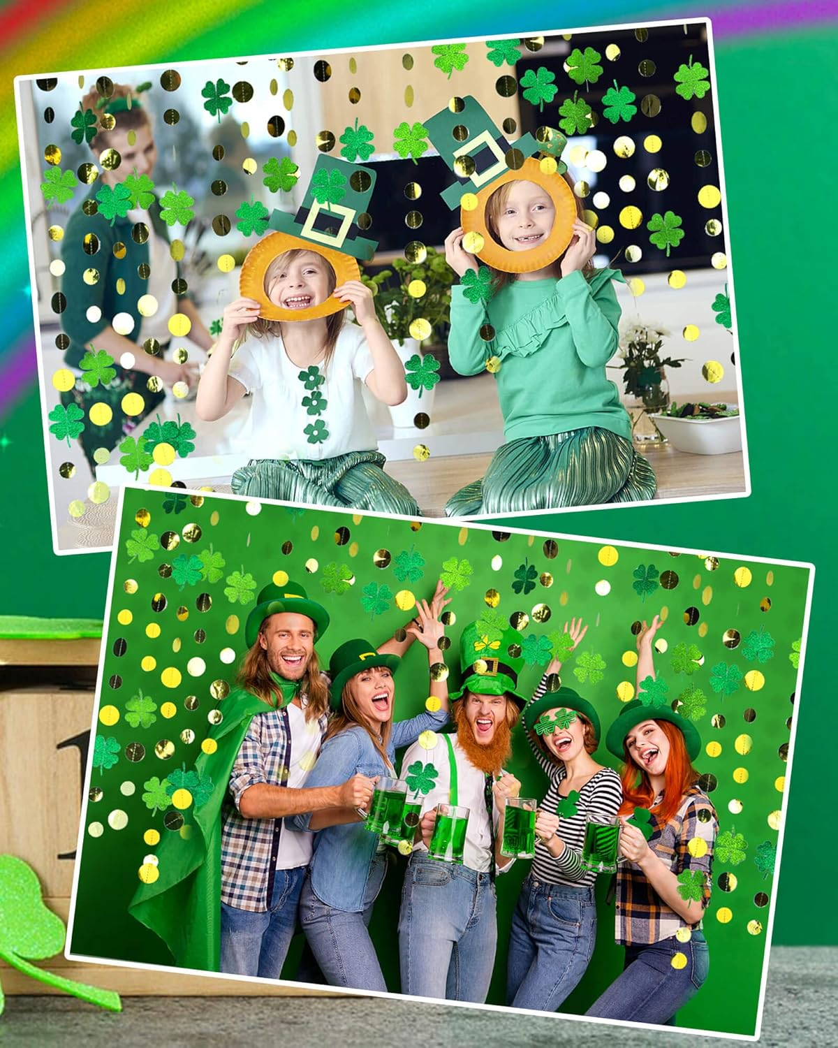 SONGTIY Glitter Green Clover Garland with Gold Circle Dots, Irish St. Patrick'S Day Shamrock Banner, Streamer Backdrop Hanging Decorations, for Spring Baby Shower Birthday Party Decor, image number 3