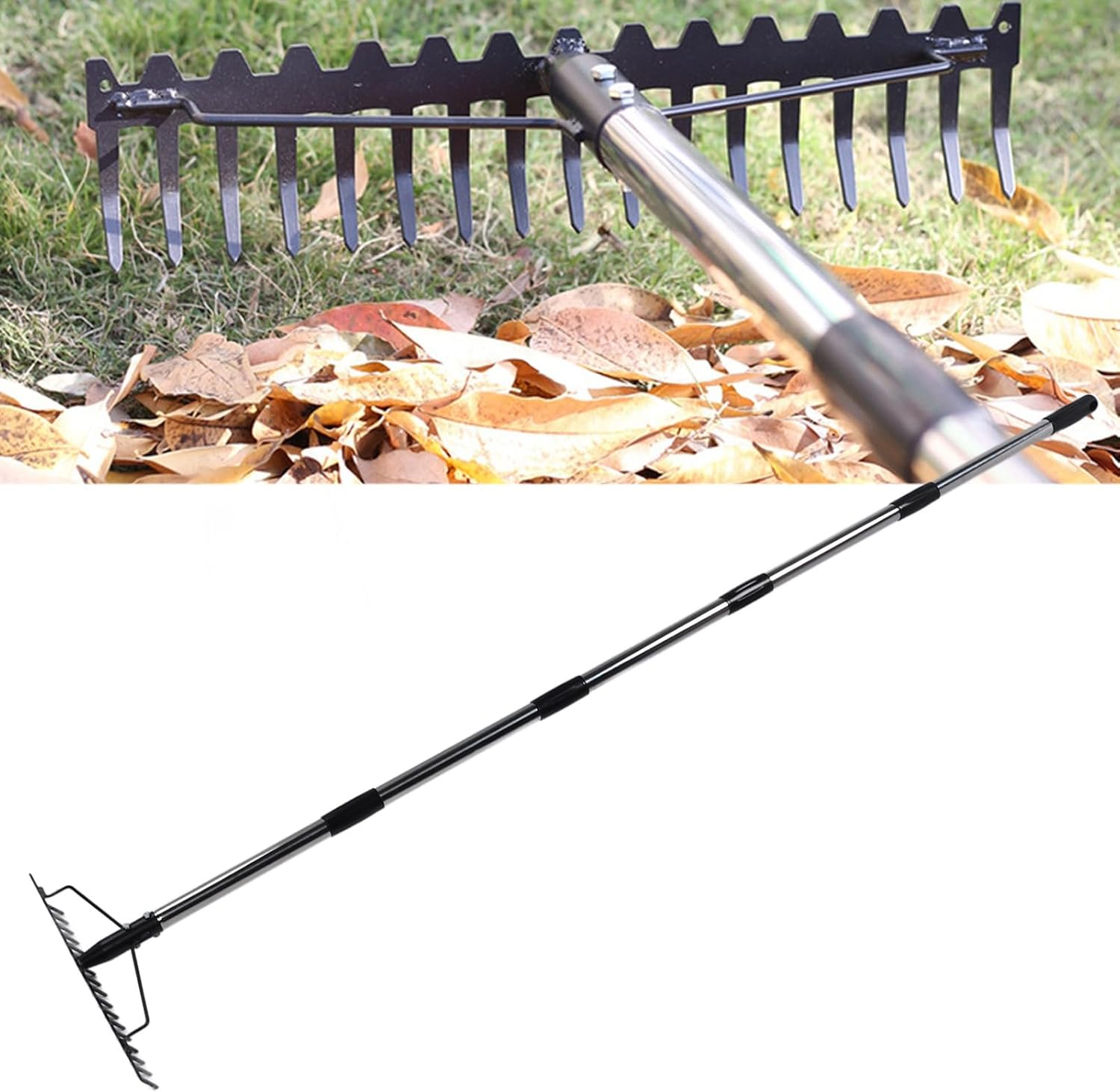 Garden Rake, 17 Tines Multifunctional Adjustable Detachable Metal Headrake Tool for Loosening Soil Gathering Leaf, Metal Head Rake Tool image number 3