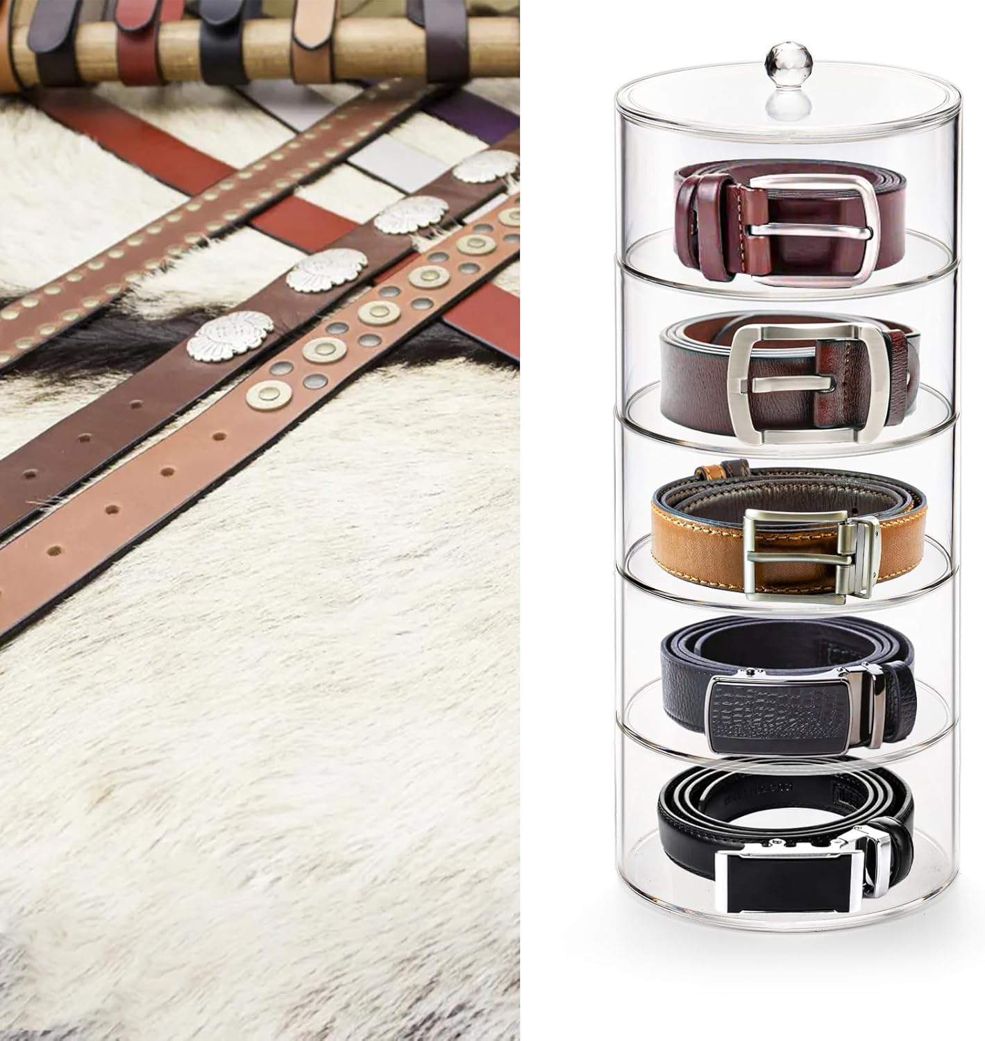 ZENFUN 5 Layers Acrylic Belt Organizer, Stackable Belt Storage Box Clear Display Case Vanity Organizer for Watch, Hair Accessories, Jewelry, Closet and Drawer, 2.6" H X 5.5" Dia