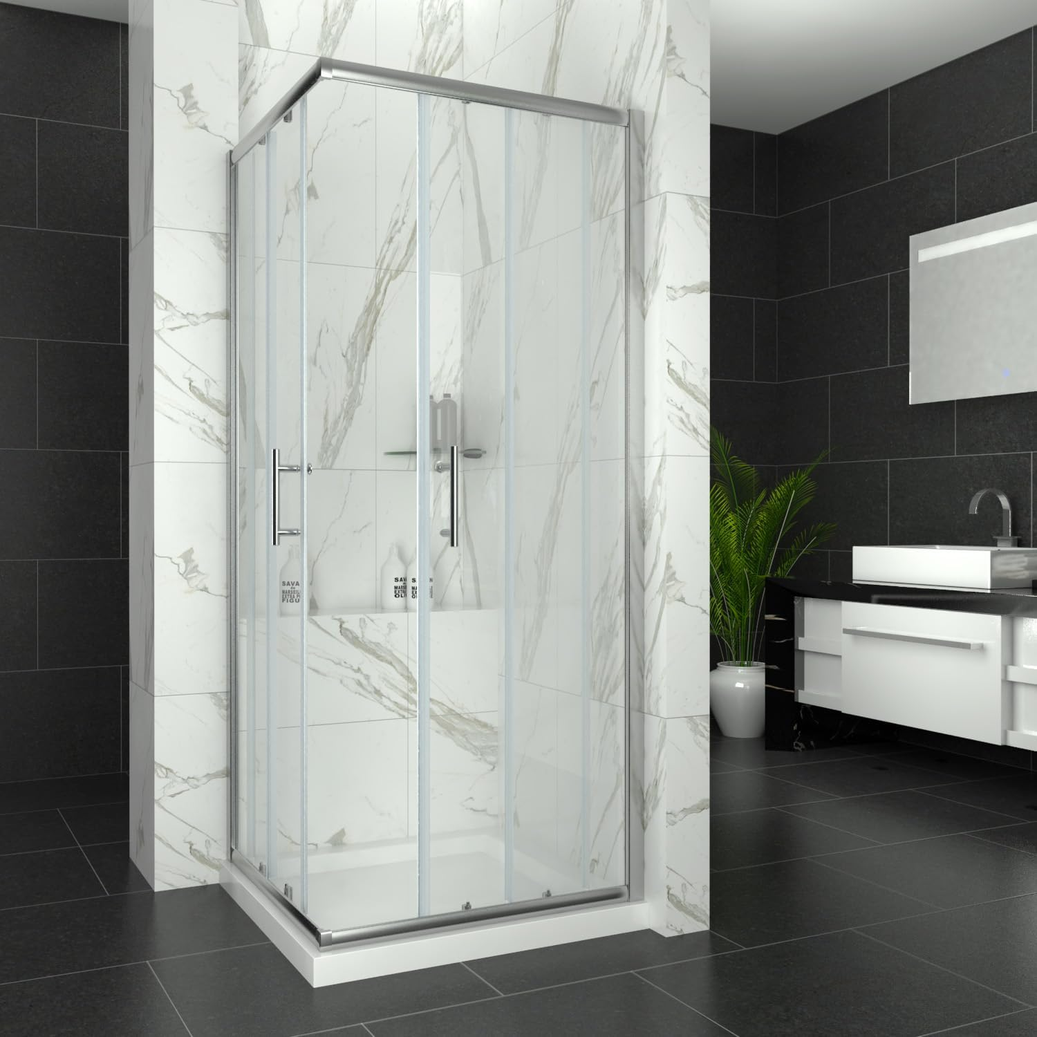 ELEGANT Corner Sliding Shower Door, Shower Screen with Panel, Silver Framed Shower Enclosure with 5Mm Tempered Safety Clear Glass, 760X760&times;1900Mm image number 2