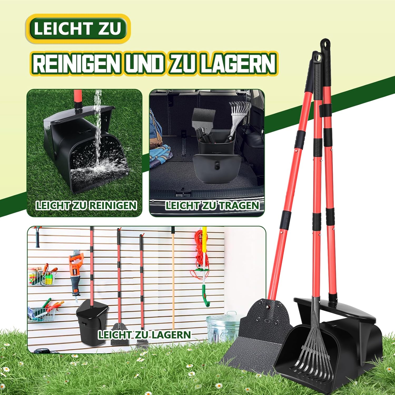 Dog Waste Scooper, Rotating Dustpan, Rake & Shovel with Waste Bags, Rotating Dog Waste Collector, Long Handle, Dog Waste Scooper for Garden, Leaves