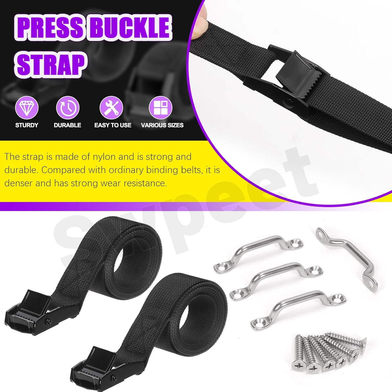 Swpeet 2 Sets 1" &times;48" Nylon Tie down Strap with Stainless Steel Cam Buckle, Ideal for Truck, Trailer, Watercraft Cargo image number 5