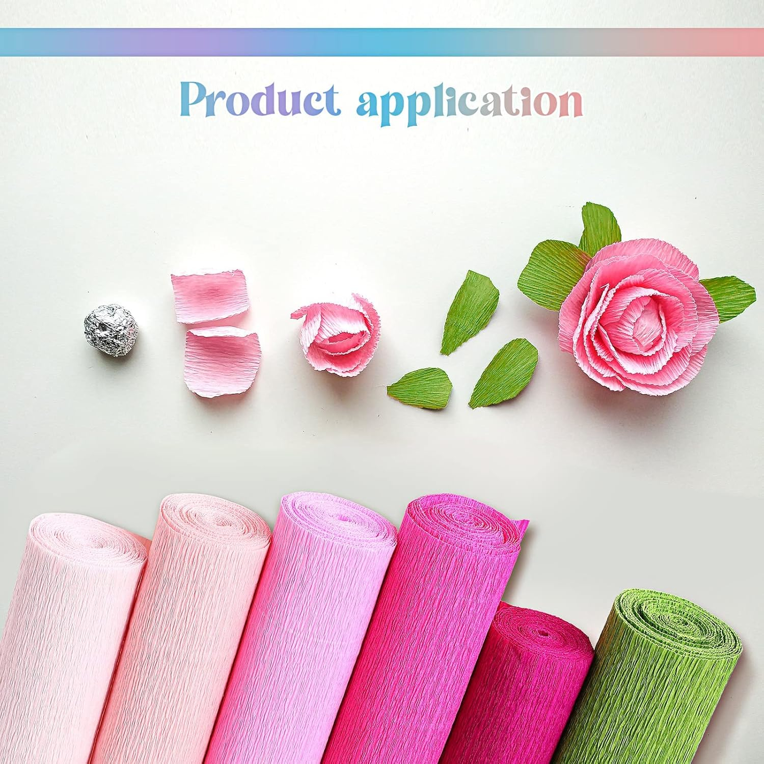 57 Pcs Crepe Paper Flower DIY Kits 6 Rolls 35G Crepe Paper Sheets 50 Pcs Floral Iron Wire 10 Inch X 8 Feet 1 Roll 50 Meter for Birthday Party Wedding(Pink Series, Green) image number 5