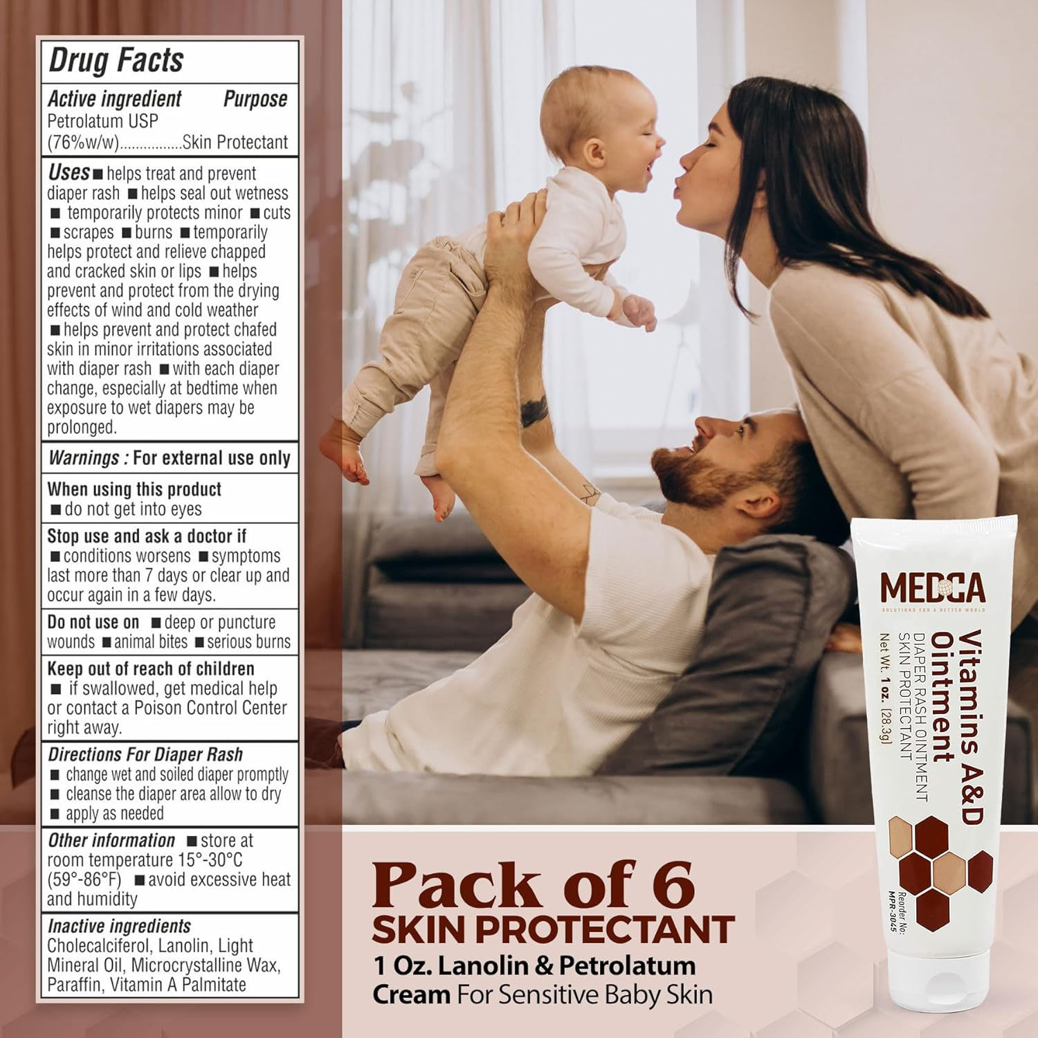 Medca Vitamin a & D Diaper Rash Ointment- Protectant Cream for Sensitive Baby Skin - Lanolin & Petrolatum Formula, Dry-Cracked Hands/Feet/Face Skin, 1Oz Tube, Pack of 6 image number 5