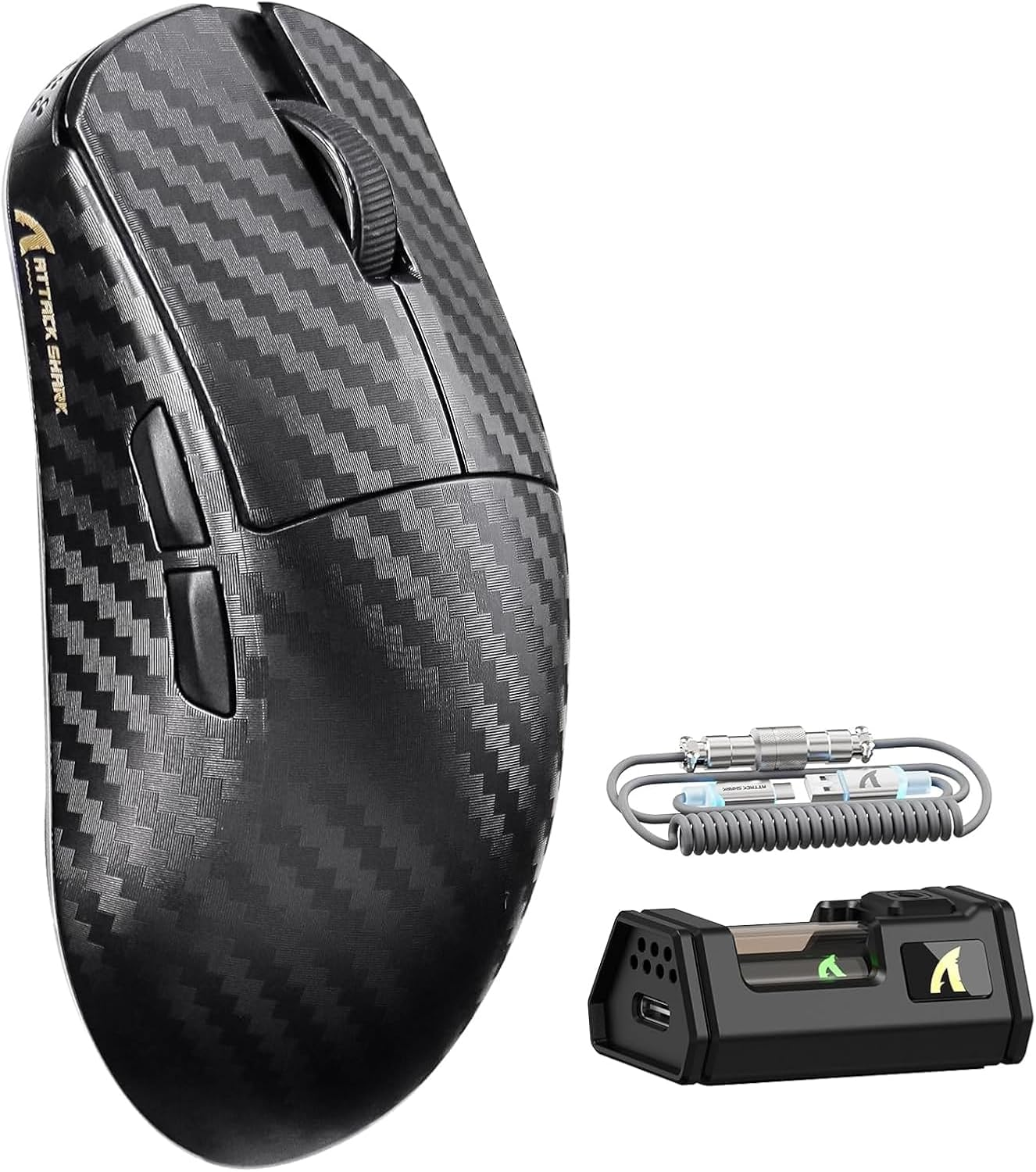 ATTACK SHARK R11 Ultra 8K Carbon Fiber Wireless Gaming Mouse with 42000DPI-PAW3950 MAX Sensor-49G Lightweight,Nordic 52840 MCU Chip,Wired/Bt/2.4Ghz Programmable,Rgb Coiled Cable for Pc(Black Ink+Tape)