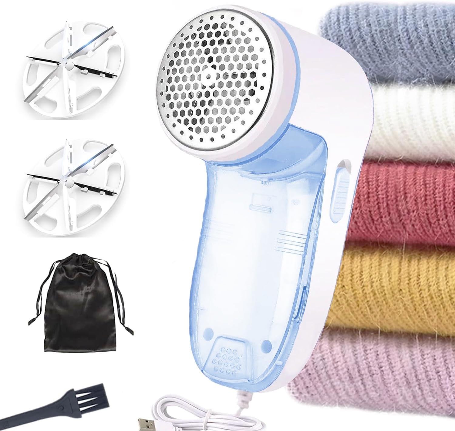 LEIAOLY Fabric Shaver and Lint Remover, Sweater Defuzzer with 2 Replaceable Stainless Steel Blades,Usb Rechargeable,Electric Lint Shaver with 6-Leaf Blades Remove Clothes Fuzz, Lint Balls, Pills