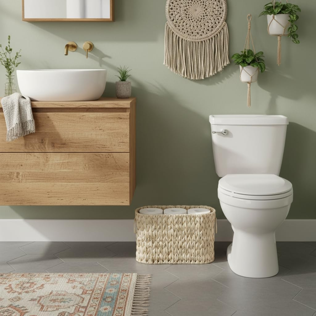 Coeusy Toilet Paper Basket,Boho Decorative Toilet Paper Storage,Large Wicker Basket for Bathroom Storage,Free Standing