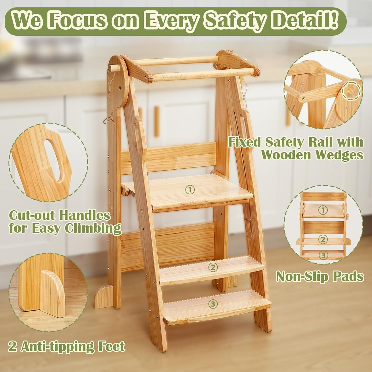 Foldable Toddler Kitchen Tower, Baby Montessori Kitchen Helper with Safety Rail, Kids Wooden Learning Tower Adjustable Learning Step Stool (Wood) image number 3