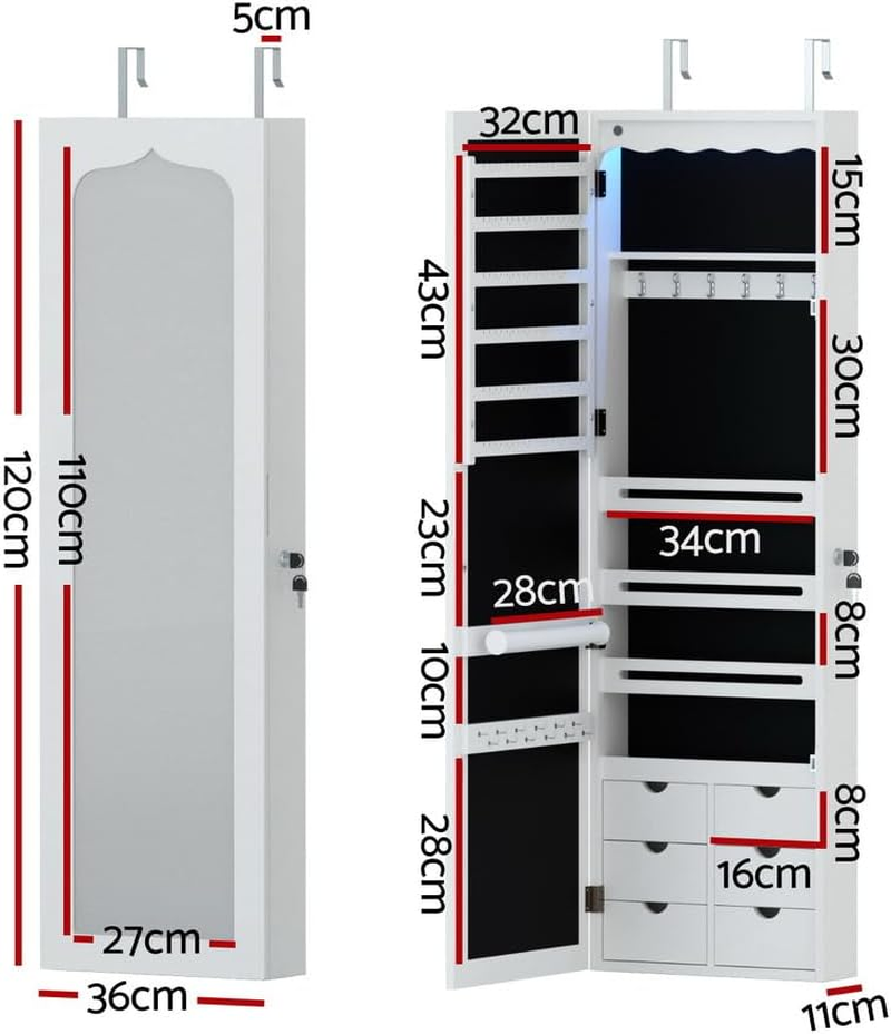 Artiss Jewellery Cabinet LED Mirror Lockable Organiser Box Makeup Wall Mount image number 5