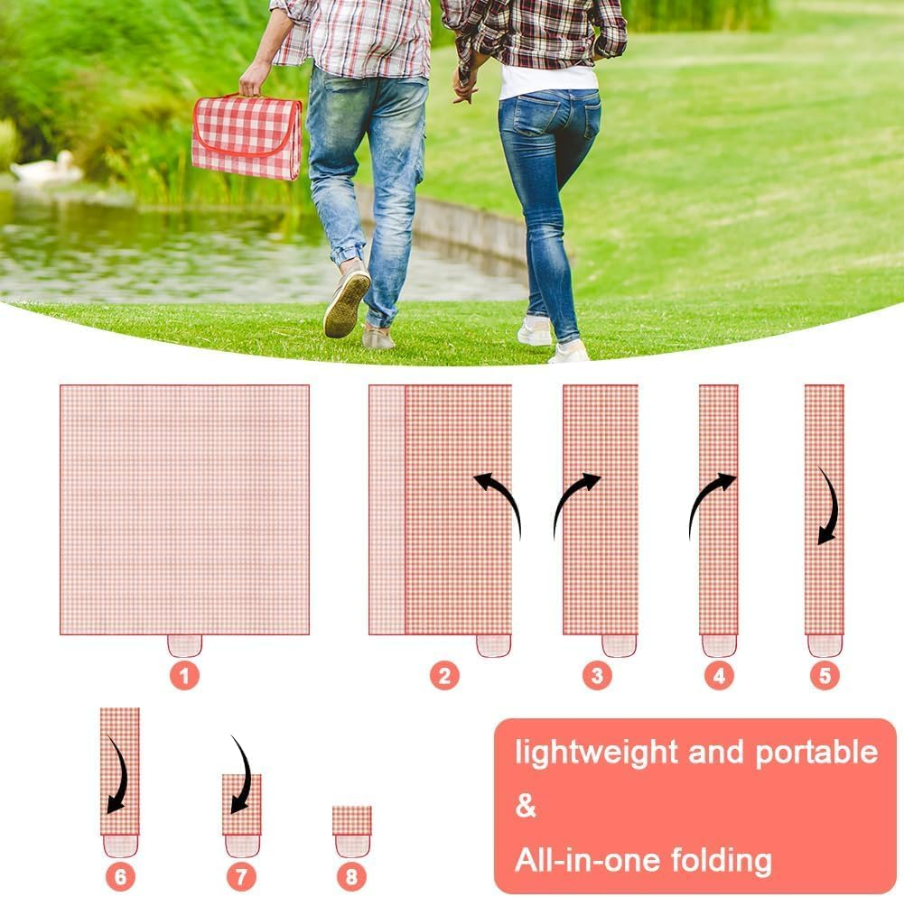 Extra Large 200X200Cm Picnic Blanket, Foldable Waterproof Mat for Camping, Beach, Park, Family & Outdoor Enthusiasts, Lightweight Portable with Carry Handle, Red/White Grid Design image number 1