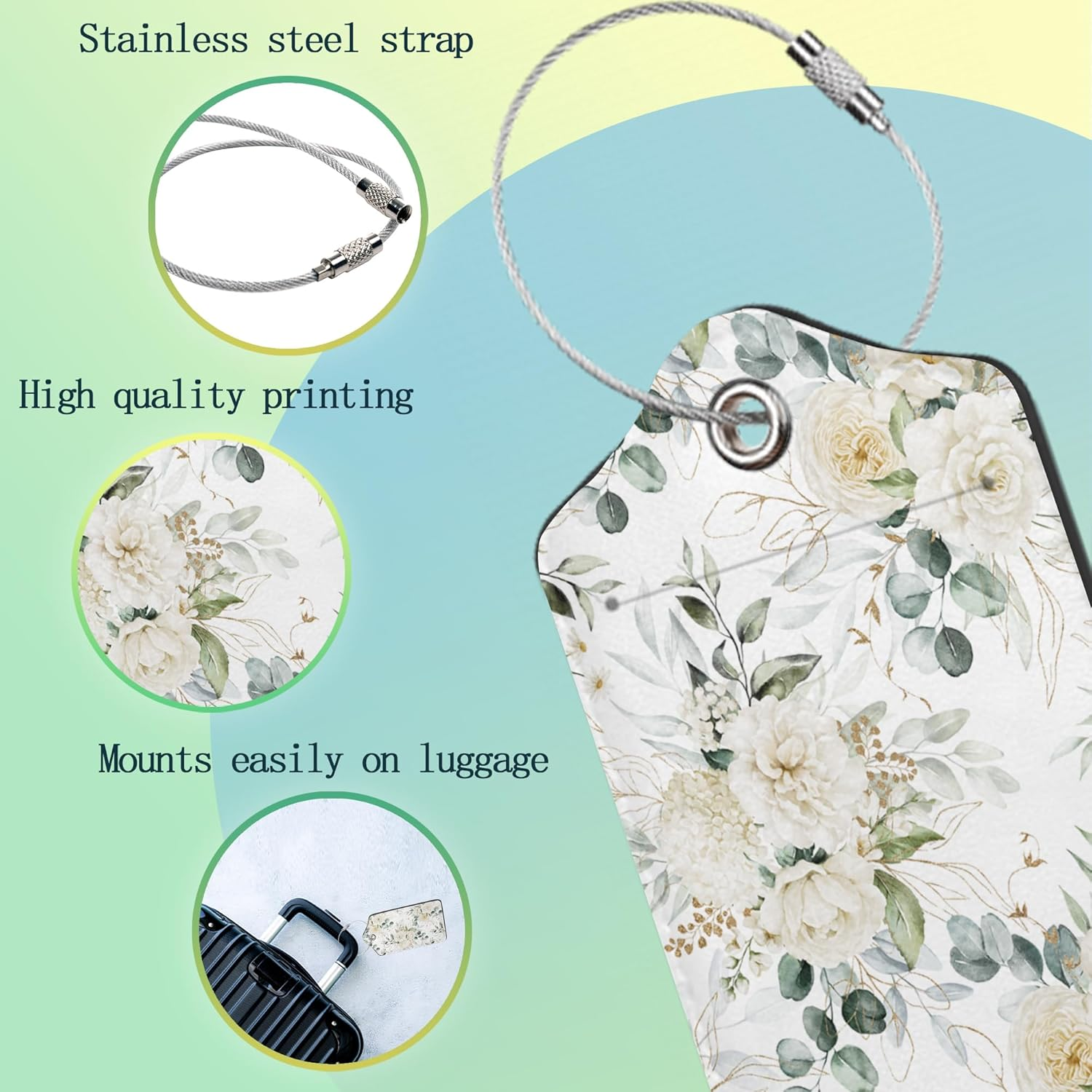 SKYDAWNY Flowers 2 Pack Leather Luggage Tags for Suitcase,Rose Peony Green Leaves Travel Cruise Baggage Tag for Women Men Luggages Bag with Privacy Cover Name ID Label Stainless Steel Loop image number 4