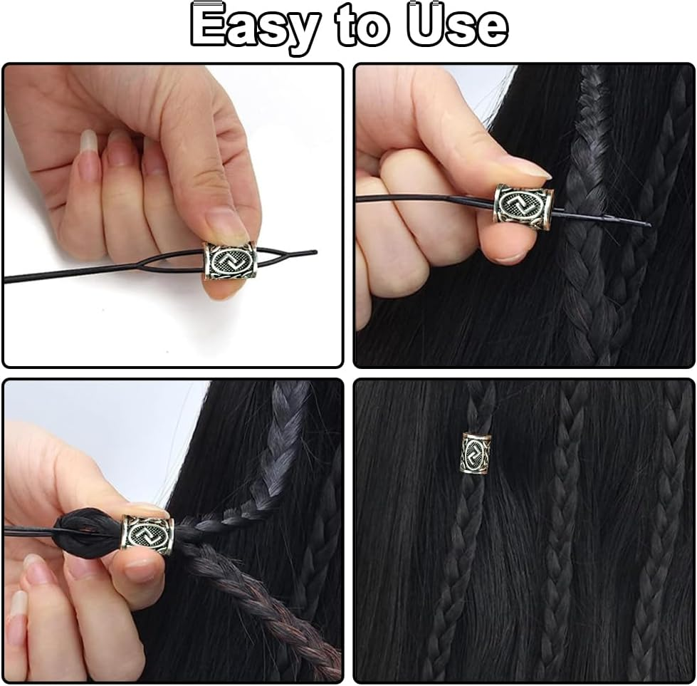 24 Piece Beard Beads Set Viking, Viking Rune Beard Beads with 6 Pull Hairpin Quick Beader and 200 Rubber Bands, Nordic Hair Tube Beads, Beard Jewellery Men for Bracelet Necklace DIY Pendant image number 5