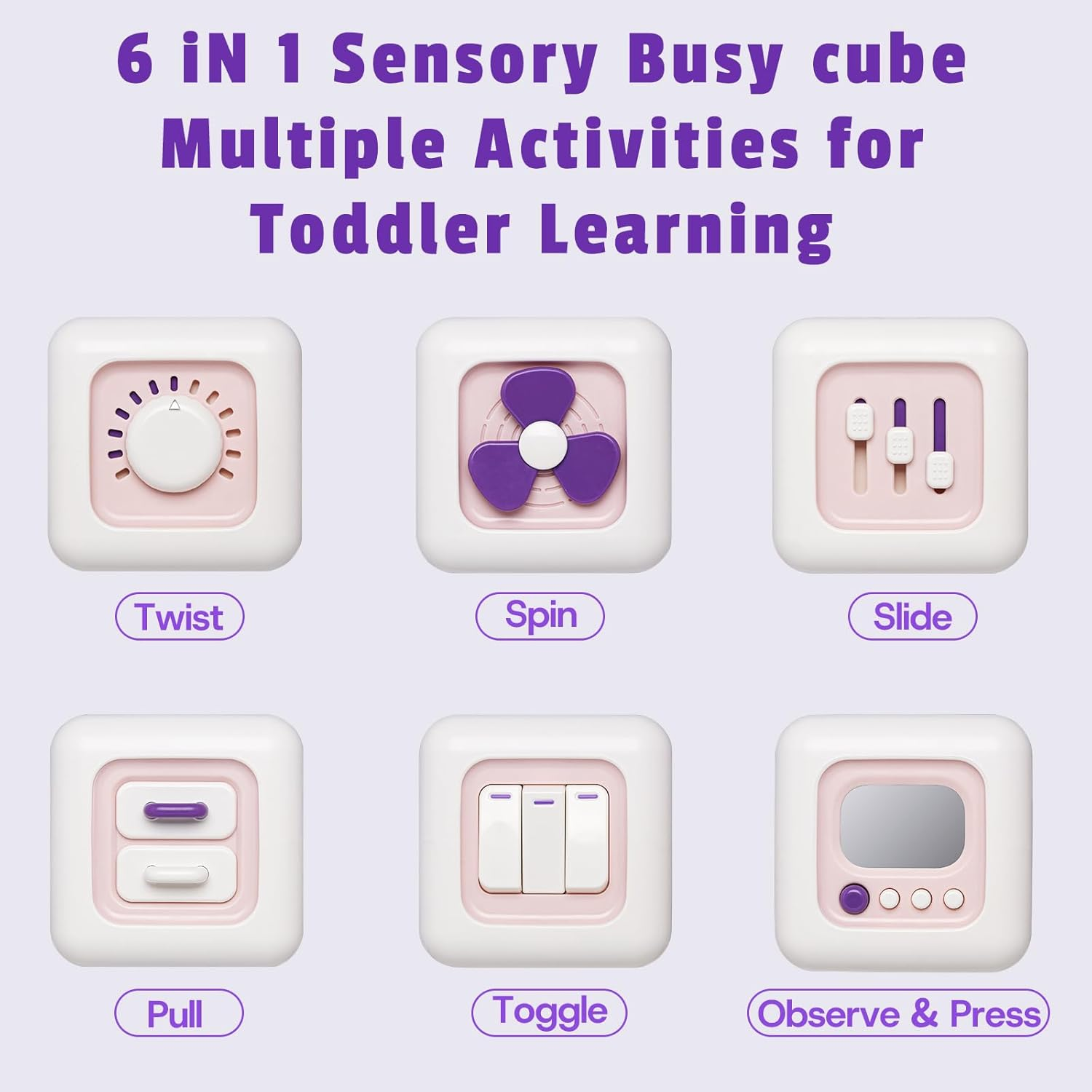 Montessori Busy Cube for Babies Toddlers, Sensory Travel Toys 6-12 Months for Plane, Baby & Toddler Learning & Education Toys for 1 2 Year Old Boy Girl Gifts, Newborn Baby Gifts, Purple image number 2