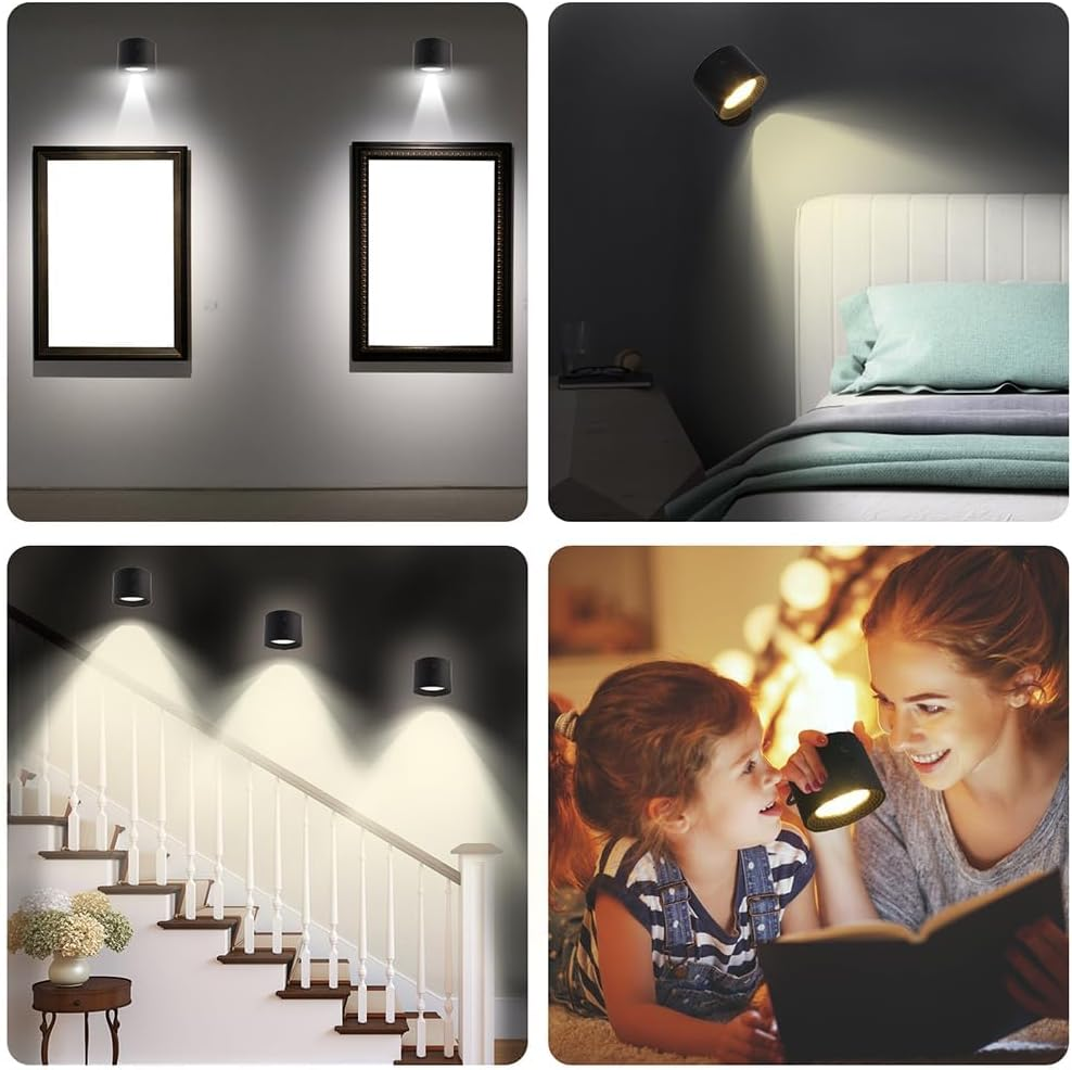 LED Wall Light 2 Pack, Wall Sconce with Rechargeable Battery, Wall Mounted Lamp 3 Color Temperatures 3 Brightness Levels, 360&deg; Rotate Magnetic Wall Spotlights (Black) image number 3