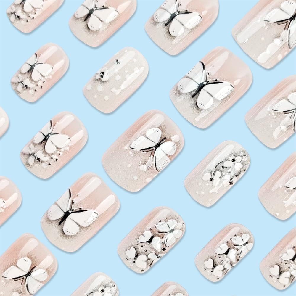 24Pcs Short Press on Nails Square False Nails 3D Butterfly Fake Nails White Nude Ombre Stick on Nails Removable Glue-On Acrylic Nail Tips Spring Summer Accessories for Women image number 2