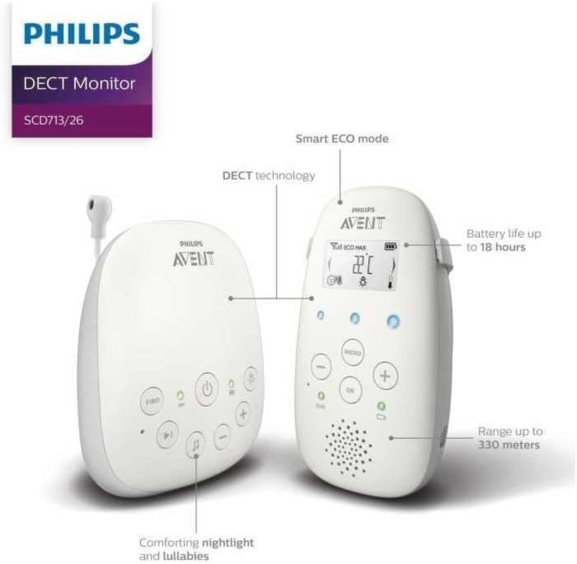 Philips &lrm;Avent Audio Baby Monitor DECT Technology, Eco Mode, Intercom Function, Sleep and Night Songs, Temperature Sensor, Maximum Range, White (Model SCD713/26) image number 2
