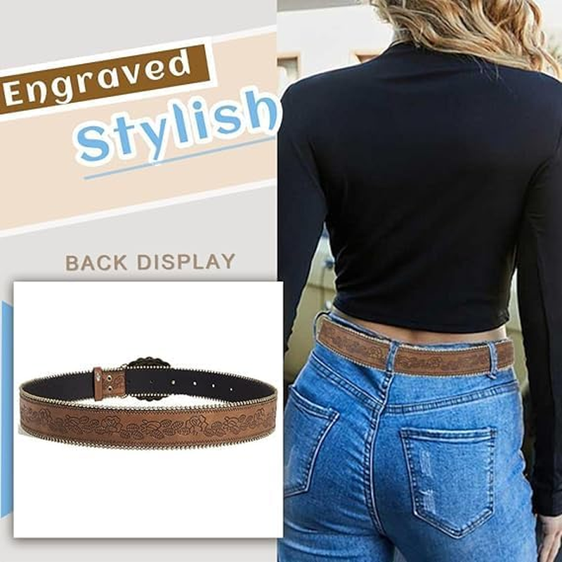 Western Style Belt for Women & Men - Vintage Cowboy Leather Belt with Adjustable Buckle, Brown Faux Leather Country Belt for Jeans, Rodeo & Western Themed Parties image number 4