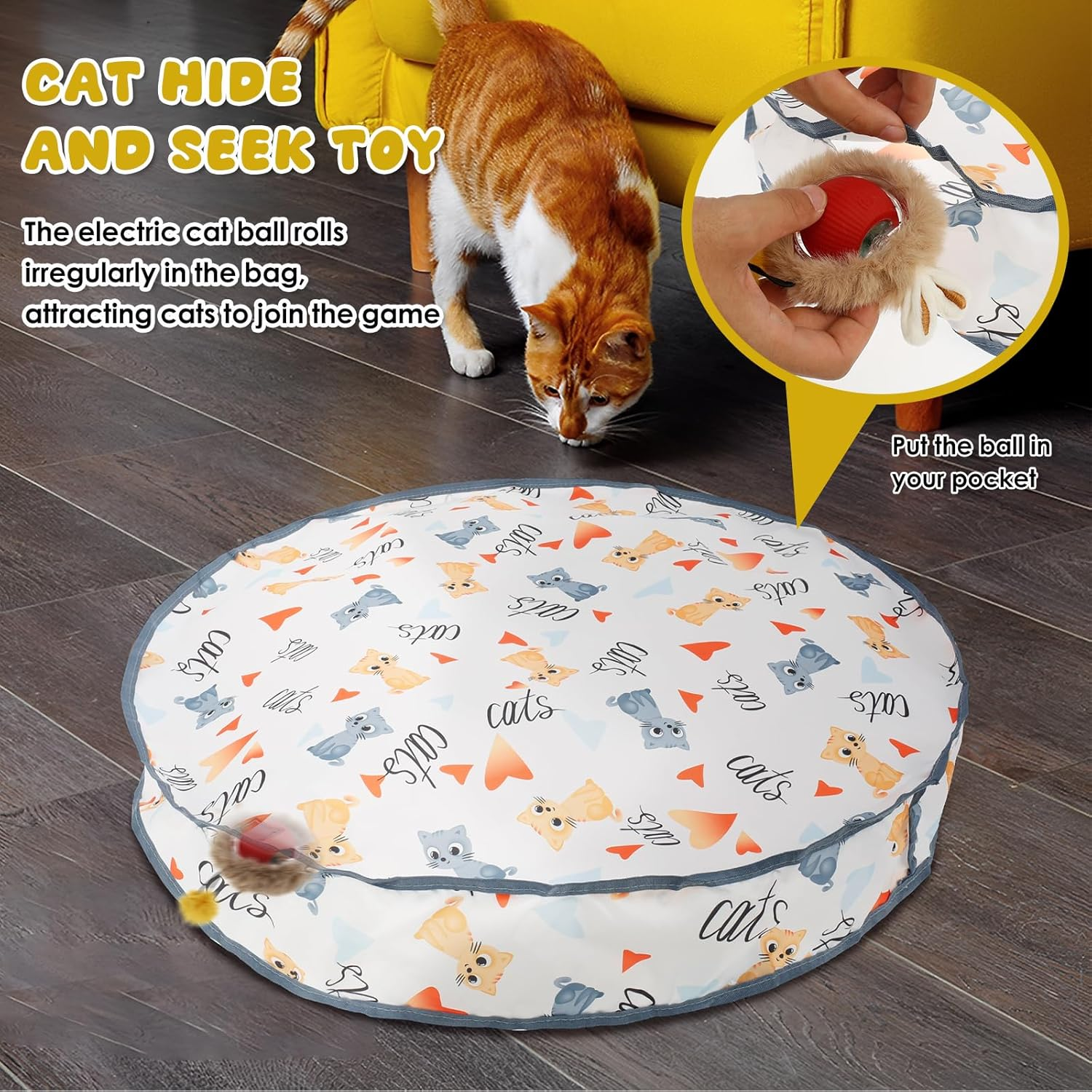 Interactive Cat Toy, Interactive Hunting Cat Toy Fun Simulated Cat Hunting Toy Reusable Fast Rolling Ball in Play Mat Portable Cat Toy Ball under Cover Interactive Cat Toy Ball for Indoor Cats image number 4
