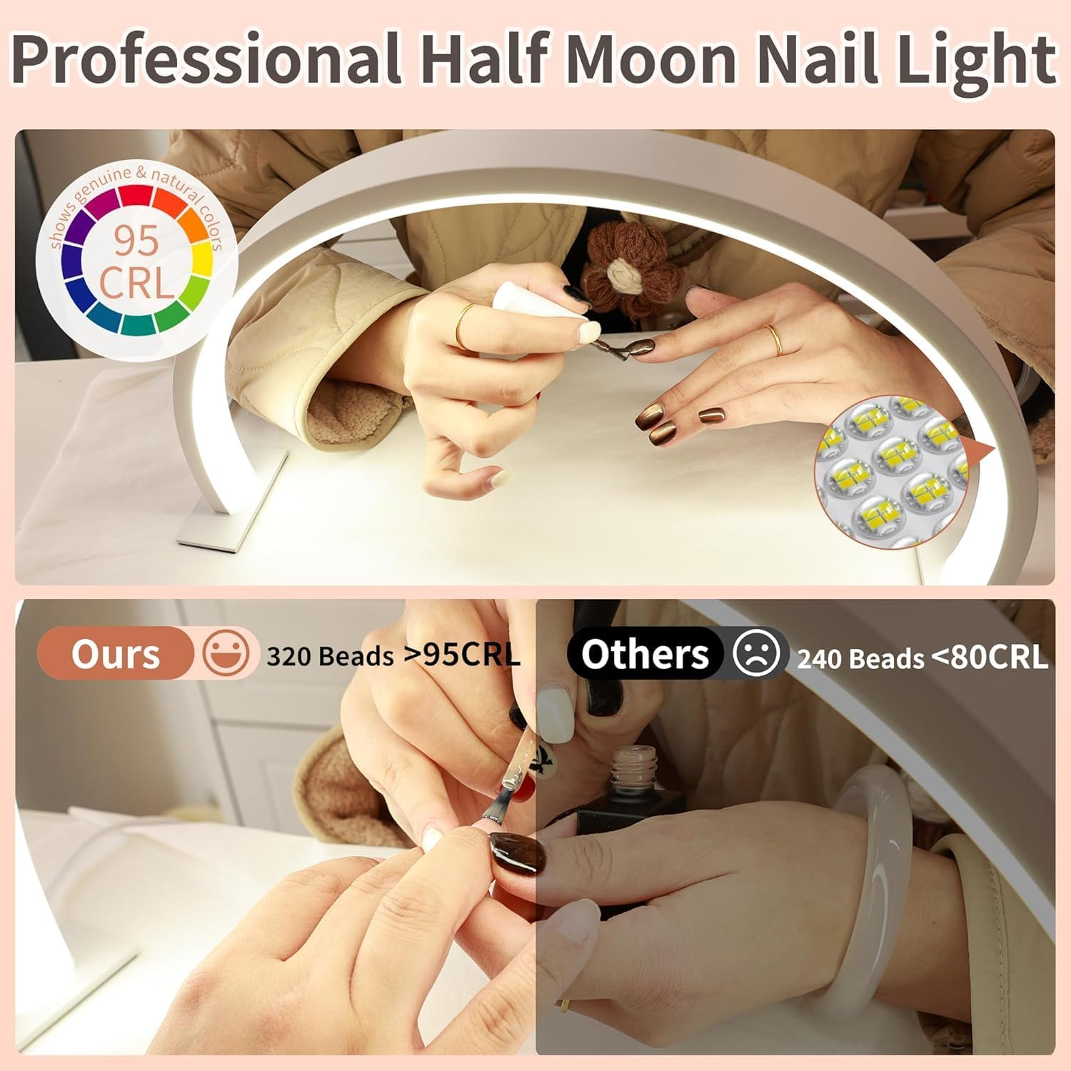 Nail Desk Lamp with Half Moon Light,Led 3D Fill Light, 3 Adjustable Light Colors, Suitable for Beauty, Eyelashes, Nail Art, Skincare, Embroidery, Etc (White) - Pink image number 7