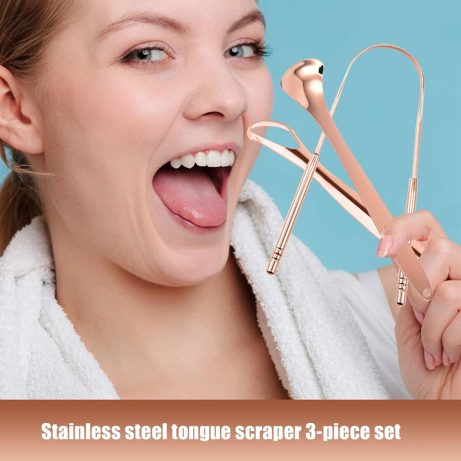 Tongue Scraper, 3 Pcs Stainless Steel Tongue Cleaner, Tongue Scraper Tools for Adults Kids Healthy Oral Carescrapers Fresher Breath in Seconds (Rose Gold) image number 3