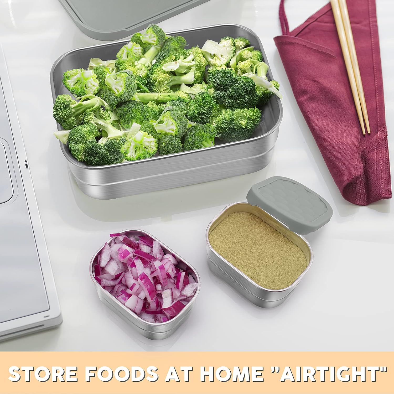 3 Cup+1 Cup Stainless Steel Lunch Snack Containers Set | Leak Proof 304 Stainless Steel Food Containers with Silicone Lids - Perfect Metal Lunch Box for School and Daycare (25Oz+8Oz*2) - Green Lunch Containers For Kids image number 6