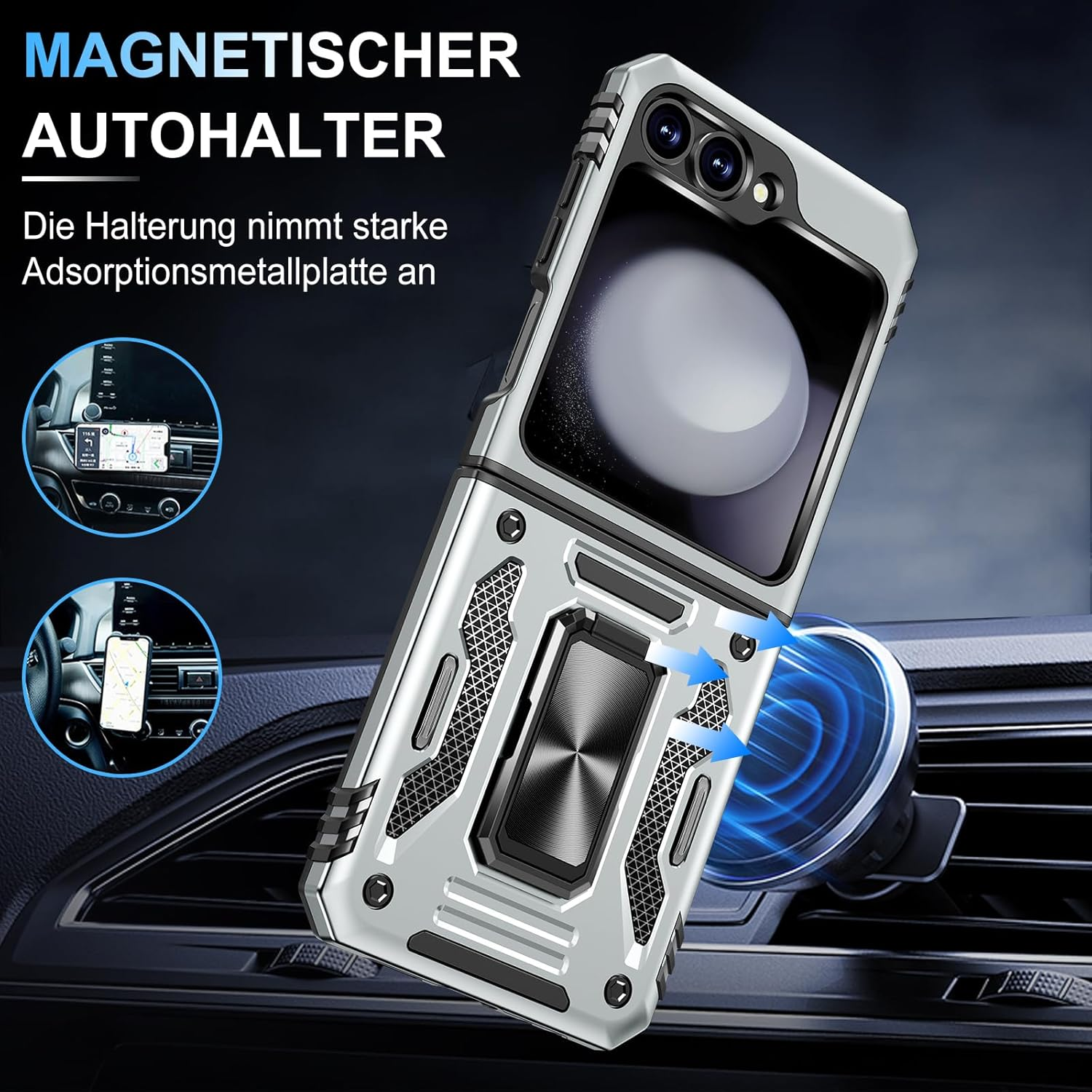 Mobile Phone Case for Samsung Galaxy Z Flip 5 Case with Slide Camera with Camera Protection Galaxy Z Flip 5 Protective Case 360&deg; Rotating Metal Ring Stand Shockproof for Samsung Z Flip 5 5G (Grey) image number 3