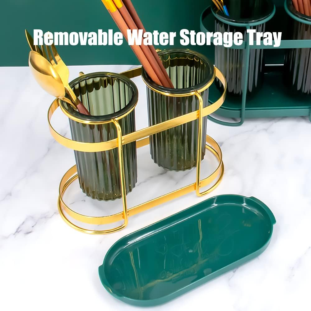 FOREVERIE Gold Metal Cutlery Holder Organizer with Draining Drip Holes & Flatware Drainer Plate, Kitchen Utensil Holder Organiser Drying Rack for Chopstick, Fork, Spoon Etc. image number 3